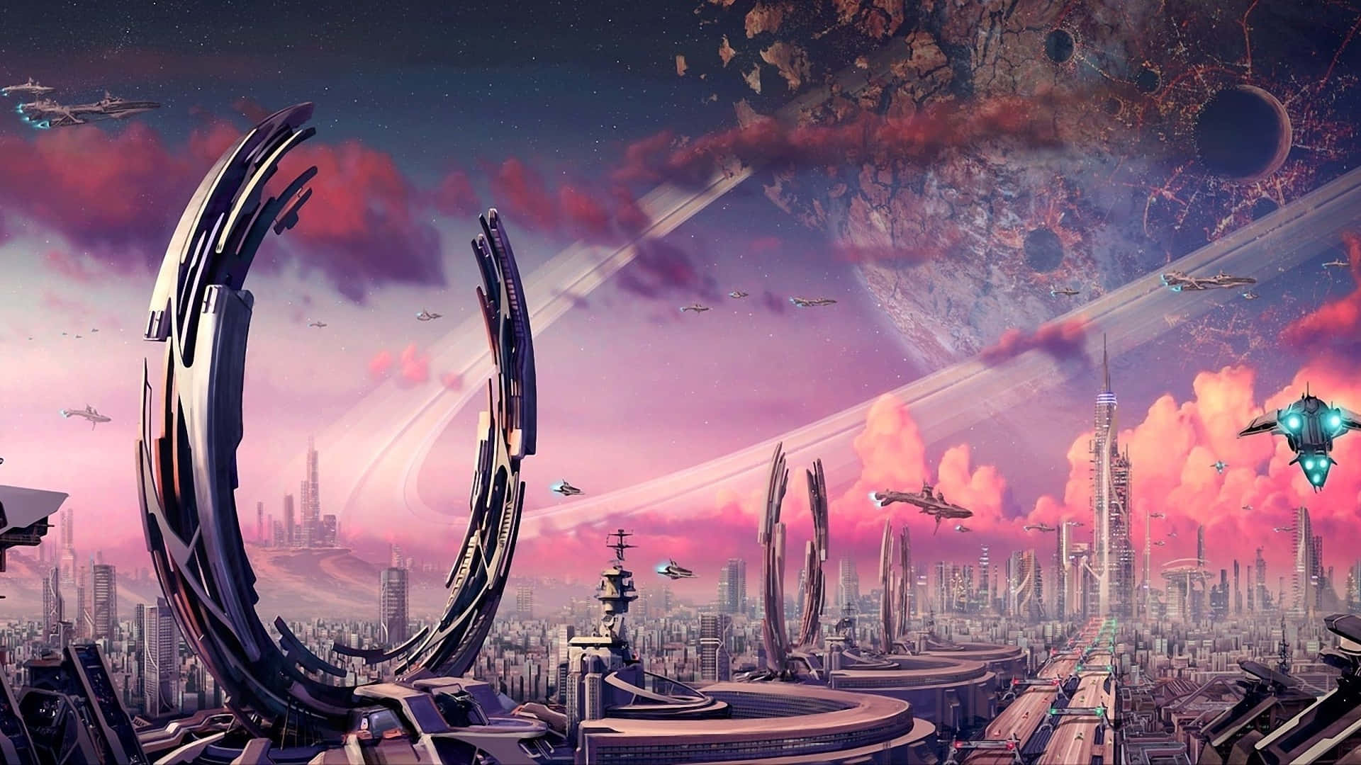 3d city, futuristic cityscape, pink and purple sky, Full HD Desktop Wallpaper