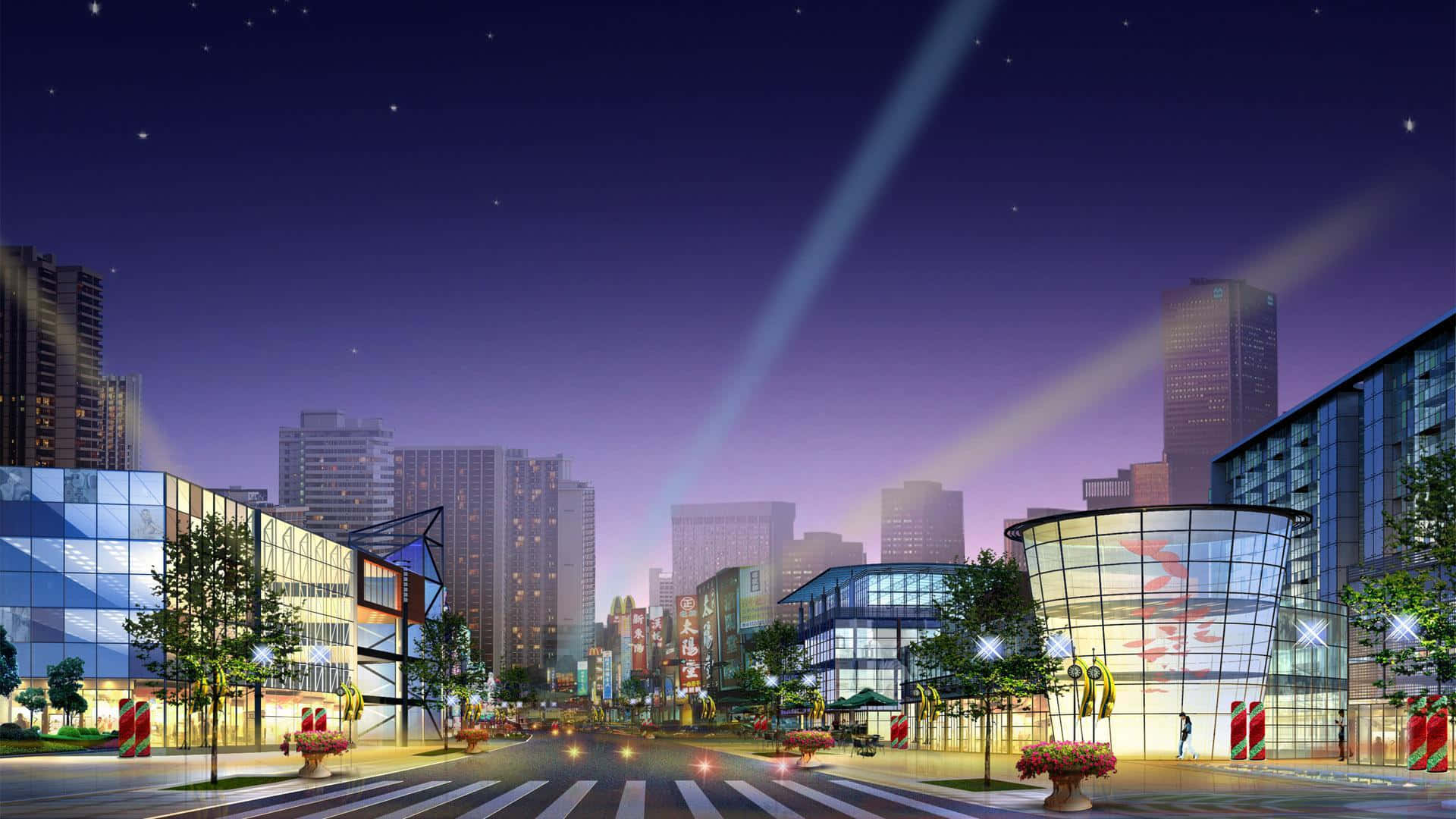 3D Futuristic City Skyline, nighttime cityscape, glowing skyscrapers, Full HD Desktop Wallpaper