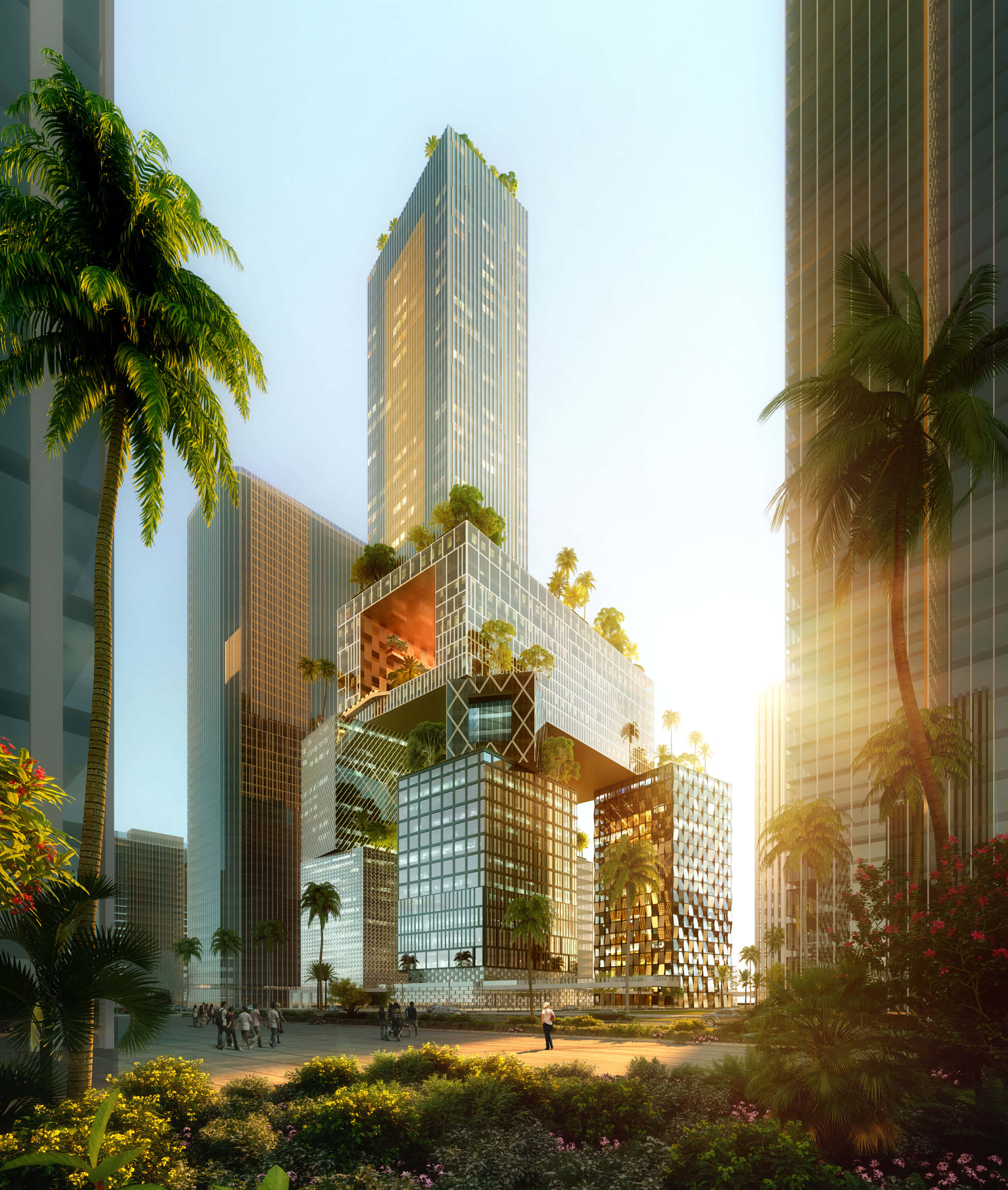 3d city, futuristic glass skyscraper, lush green terraces, 2K Phone Wallpaper