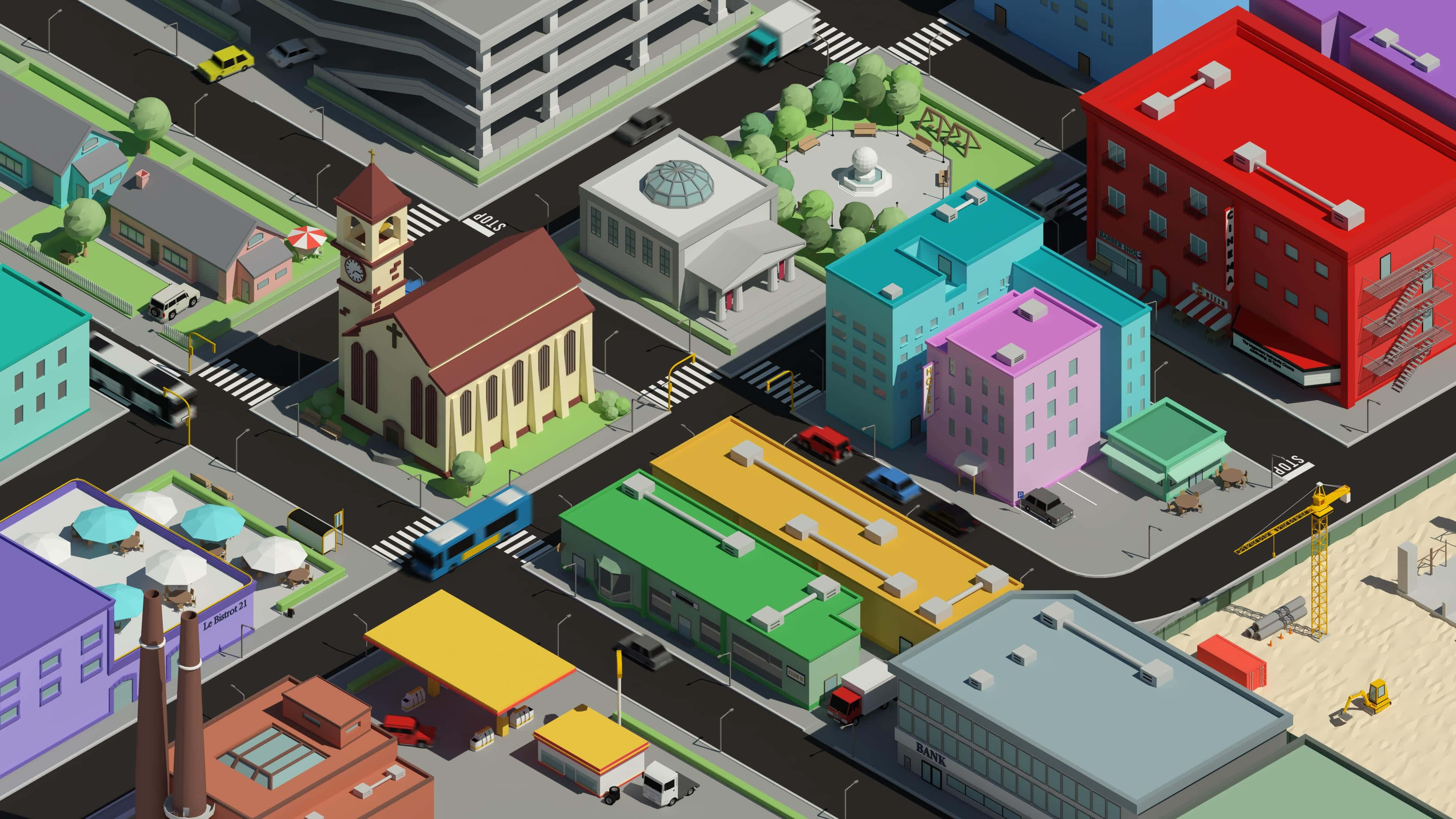 3d city, isometric view, colorful cartoon cityscape, 4K Desktop Wallpaper
