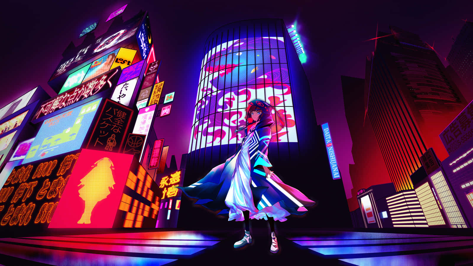 cyberpunk anime girl, glowing coat, neon-lit Tokyo skyscrapers, HD Desktop Wallpaper