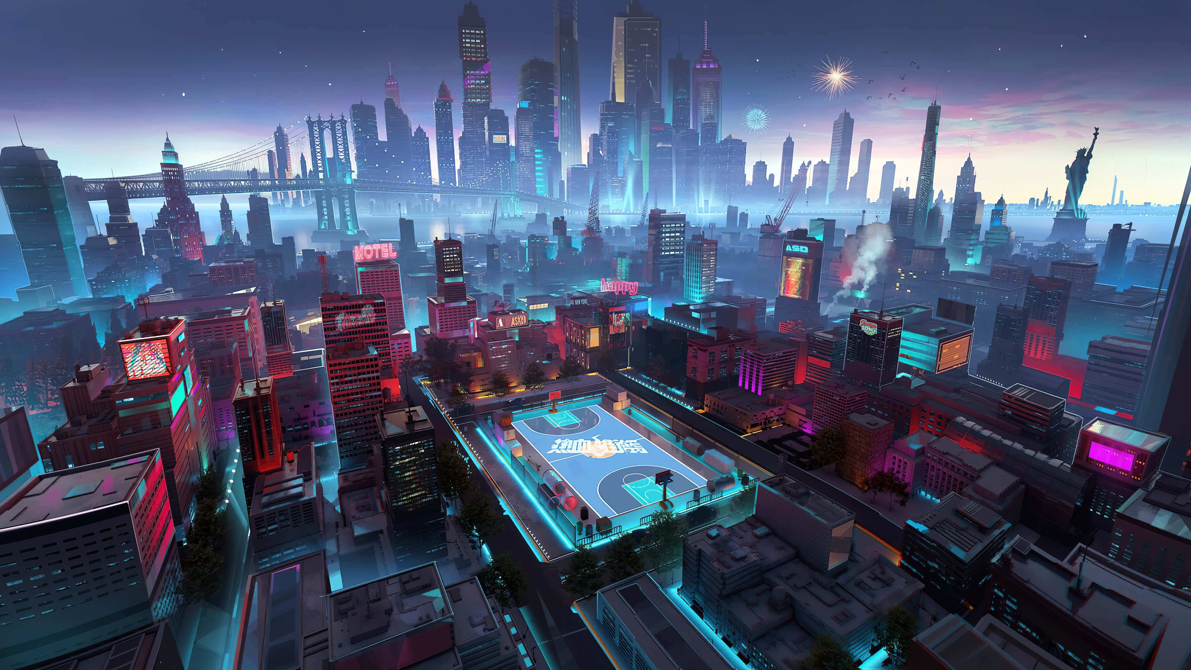 3d City, Sunset, neon-drenched, 4K Desktop Wallpaper