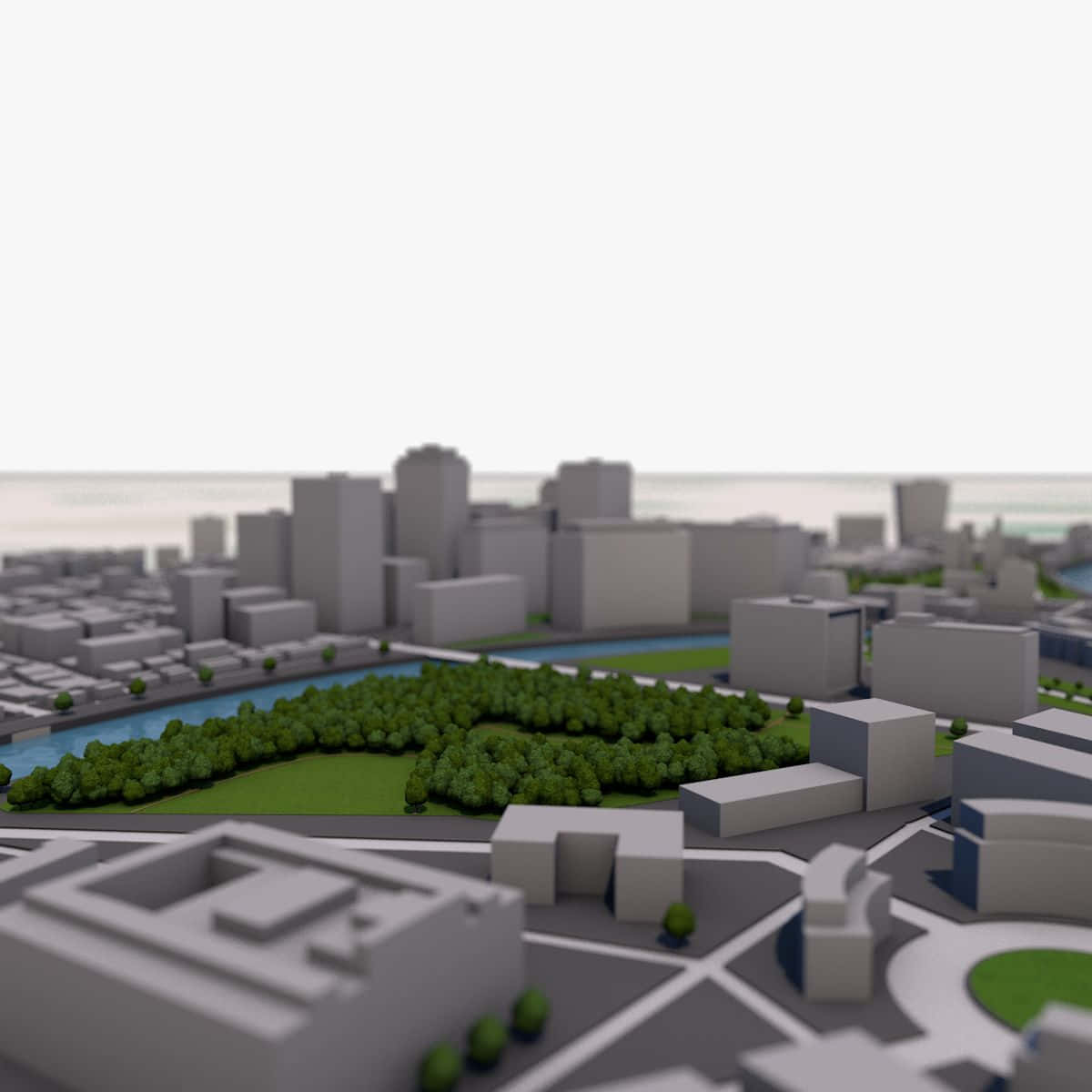 3d city, gray buildings, green trees, SD Desktop Wallpaper