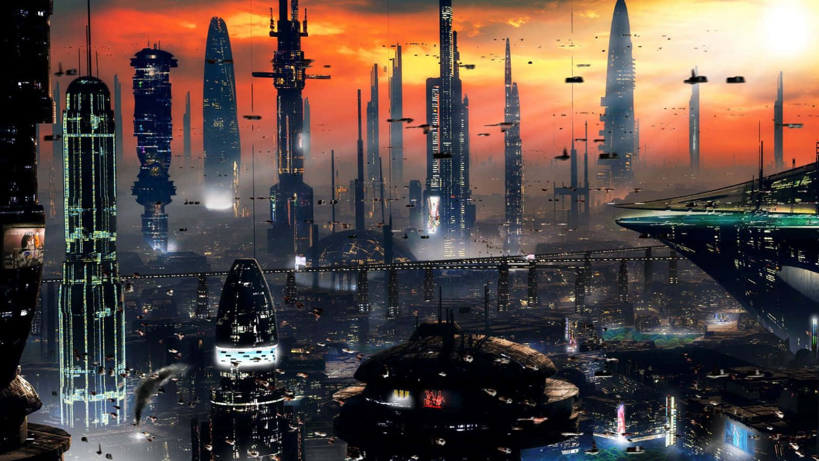 3d City, sunset, towering skyscrapers, HD Desktop Wallpaper