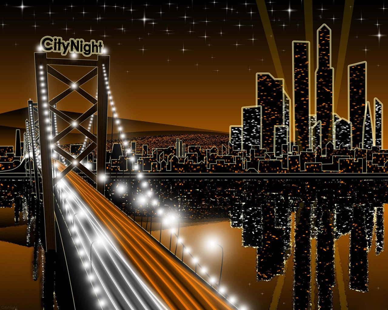 3d city, glowing bridge, river, HD Desktop Wallpaper