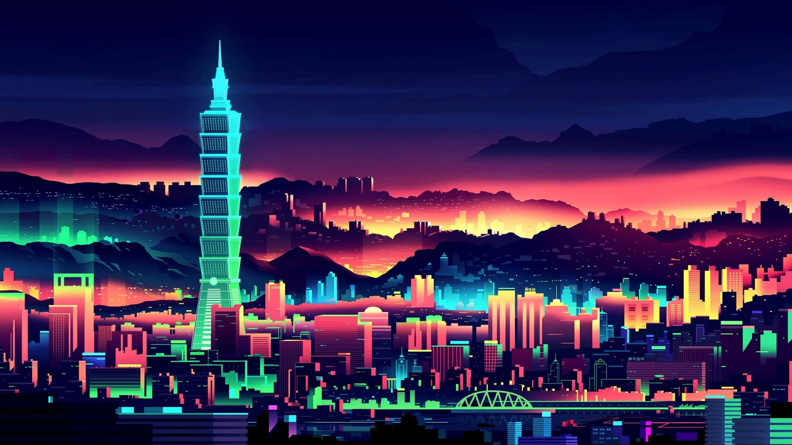 3d city, futuristic cityscape, neon-drenched, 2K Desktop Wallpaper