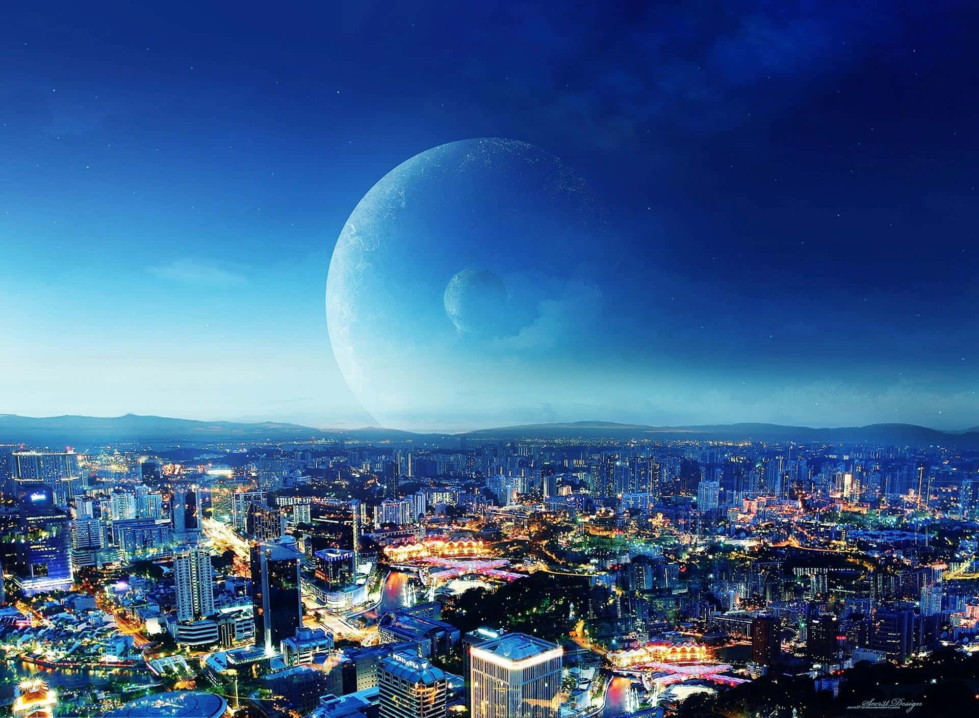 3d city, futuristic city, massive moon, Full HD Desktop Wallpaper