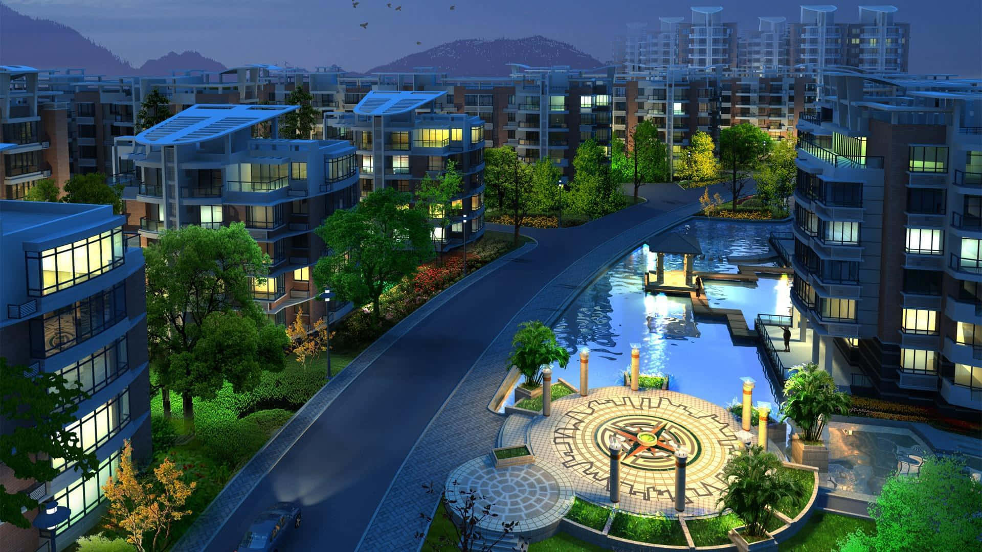 3D City, twilight, modern residential complex, Full HD Desktop Wallpaper
