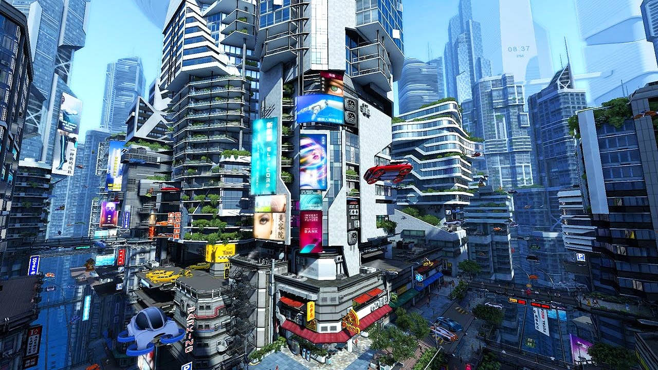 futuristic cityscape, towering skyscrapers, neon billboards, HD Desktop Wallpaper