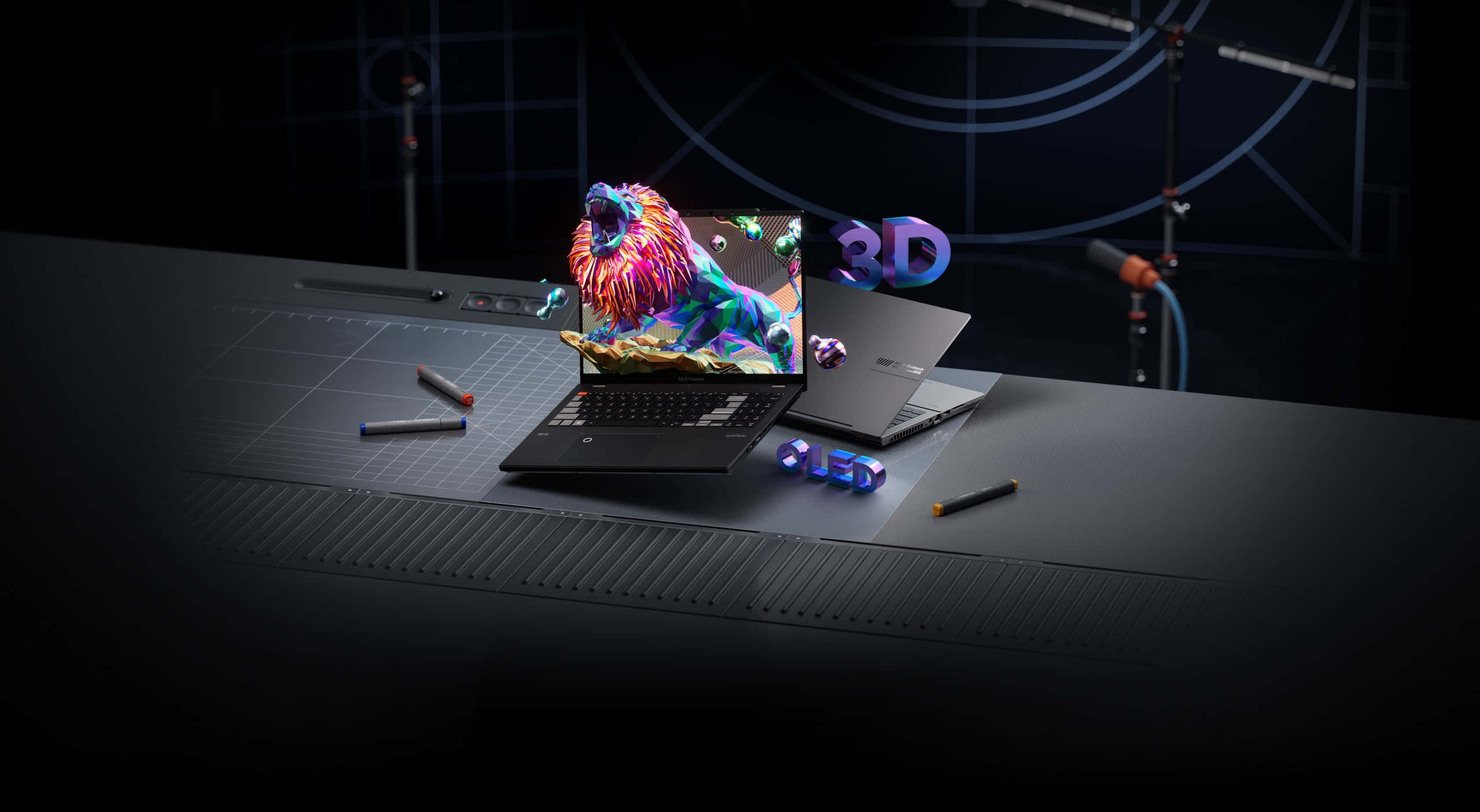3D lion, dark gridded desk, 3D text, 2K Desktop Wallpaper