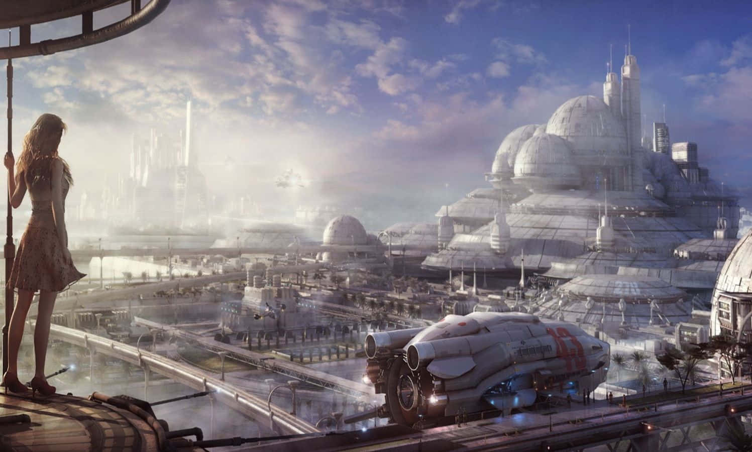 futuristic cityscape, domed buildings, spaceship docked, HD Desktop Wallpaper