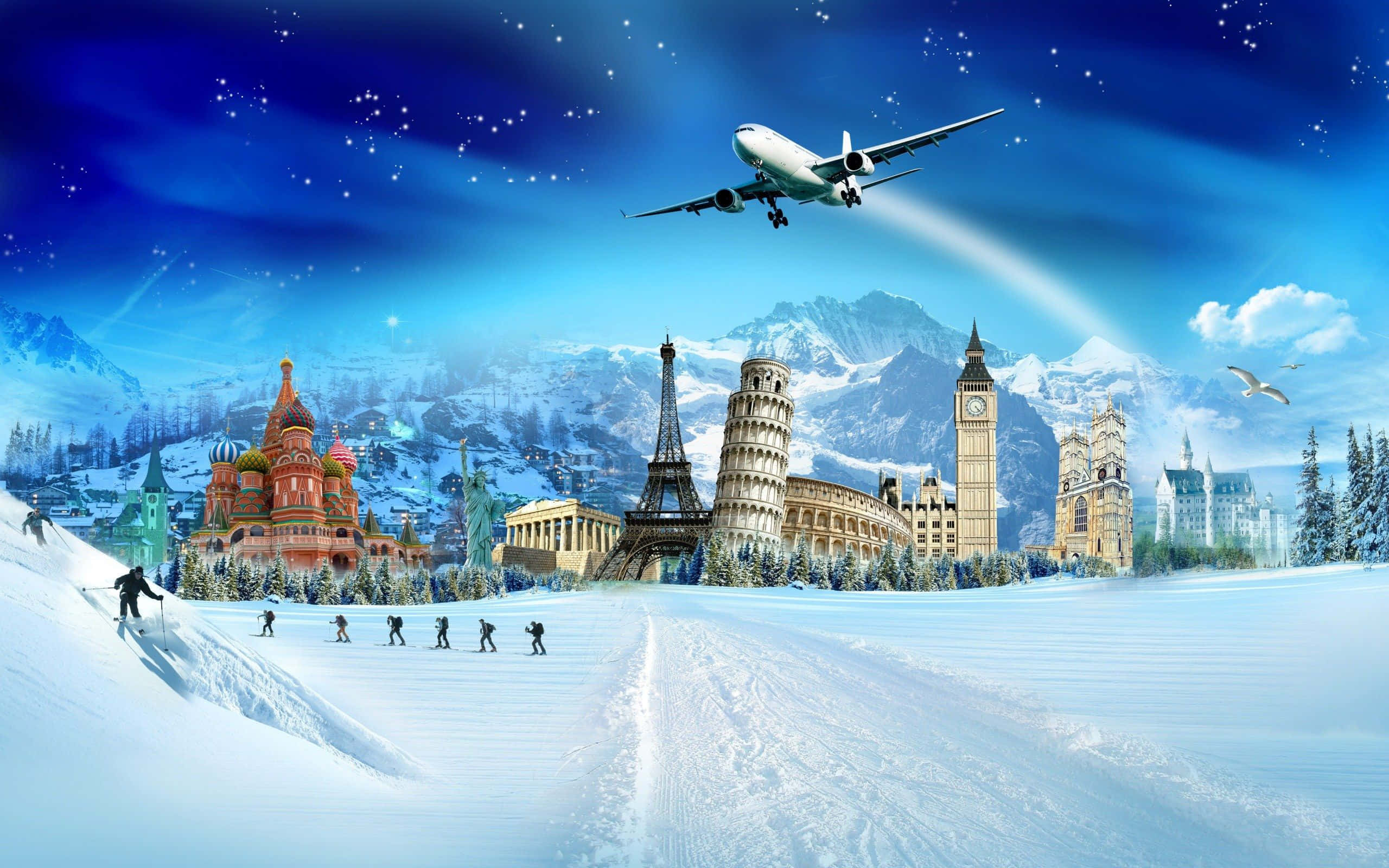 3D Cityscape, water reflections, surreal winter scene, 2K Desktop Wallpaper