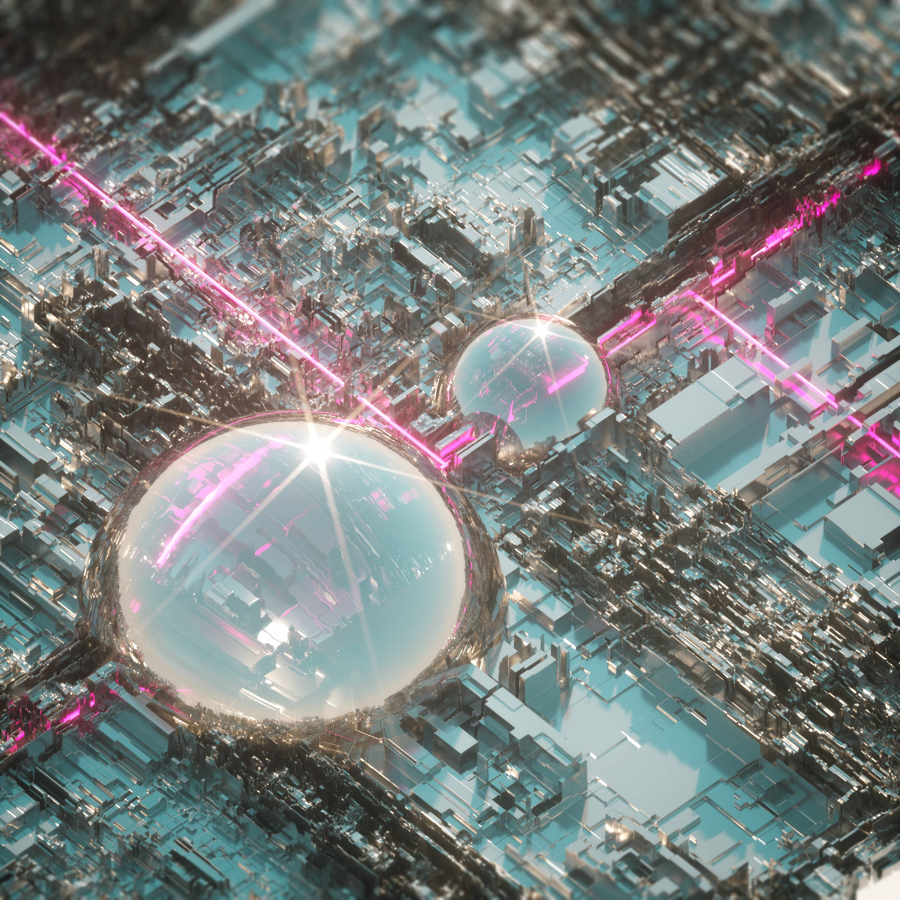 3d elevated view, giant domes, futuristic cityscape, 2K Desktop Wallpaper