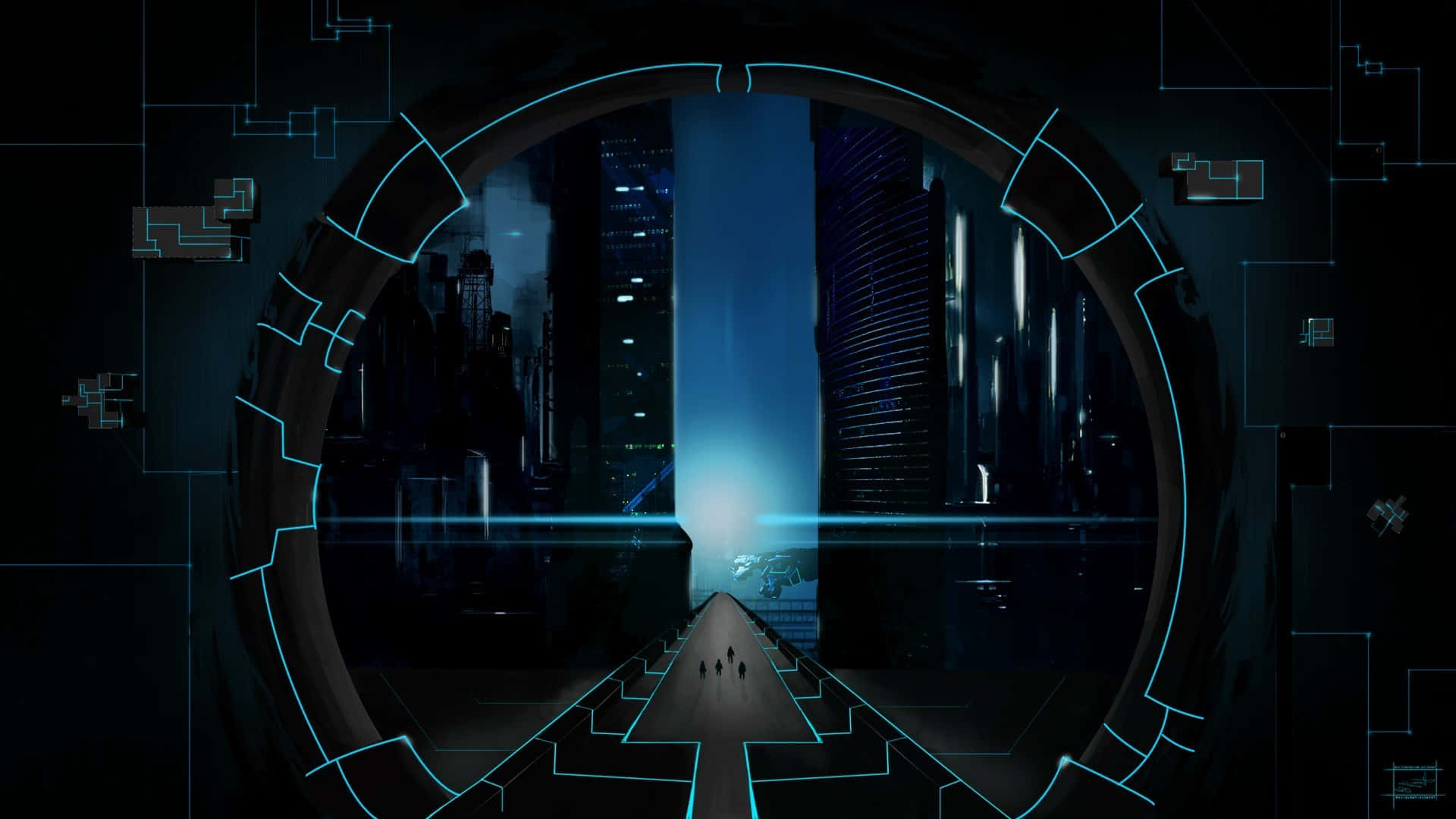 futuristic city, glowing blue circular portal, neon circuit lines, Full HD Desktop Wallpaper