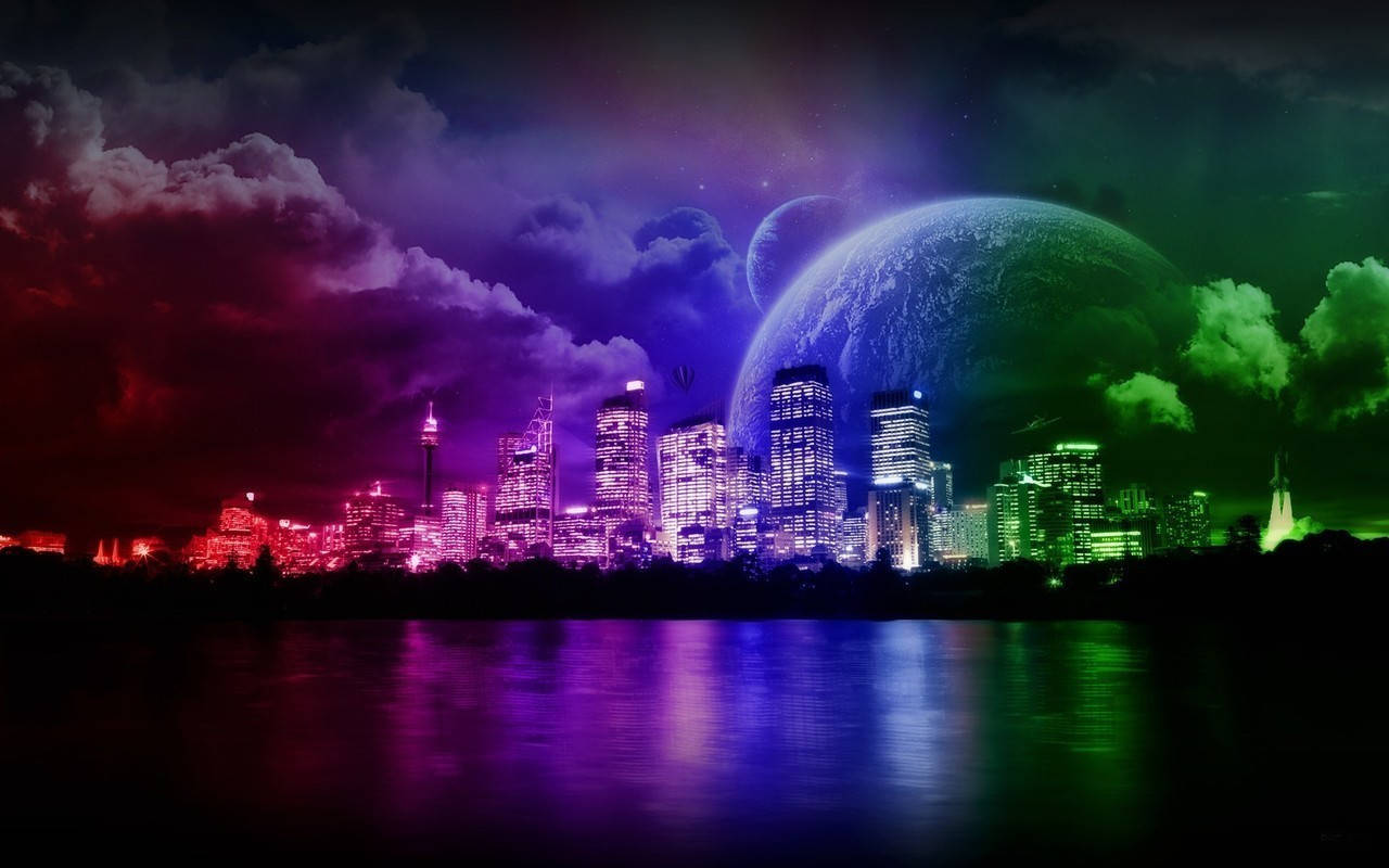 fantasy metropolis world, neon lights, water, HD Desktop Wallpaper