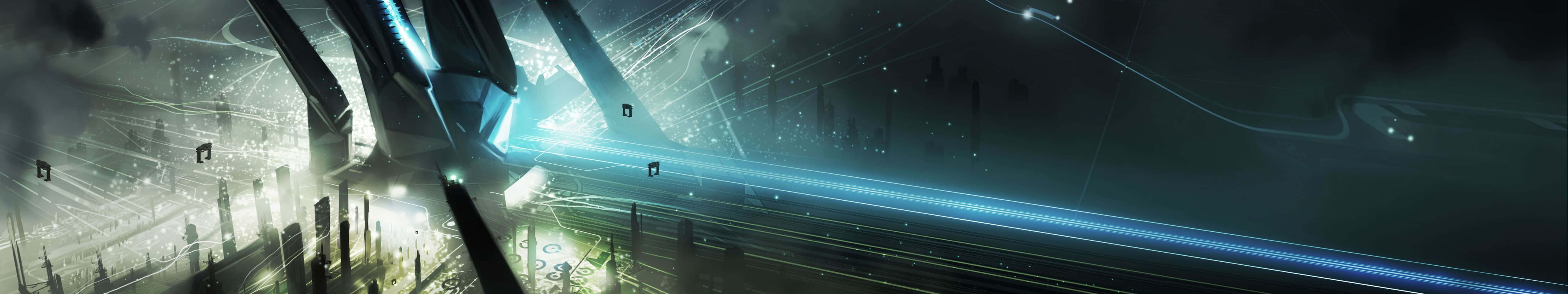 Eyefinity, futuristic city, night, 5K Desktop Wallpaper