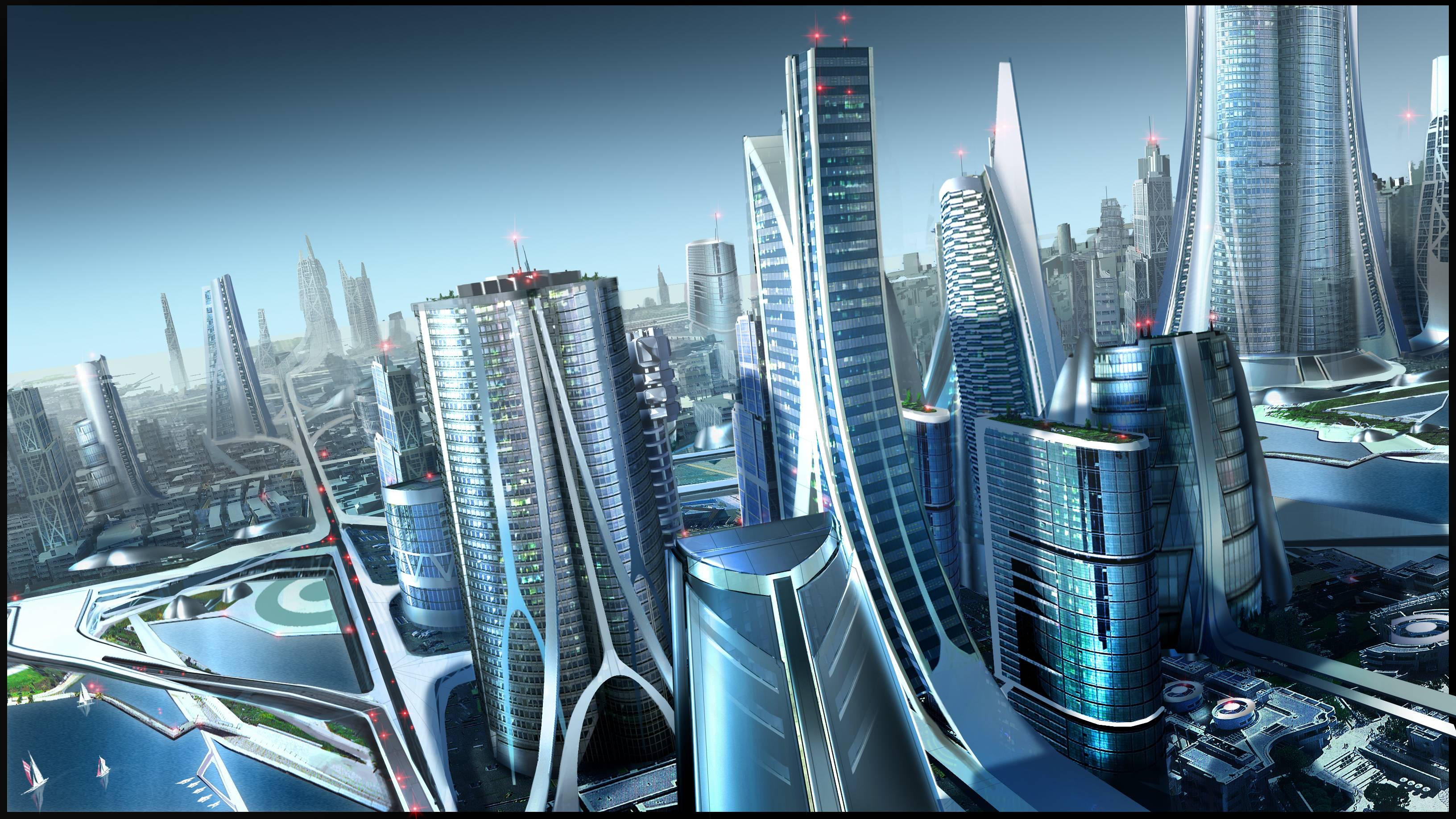 futuristic cityscape, towering glass skyscrapers, sleek highways, 2K Desktop Wallpaper