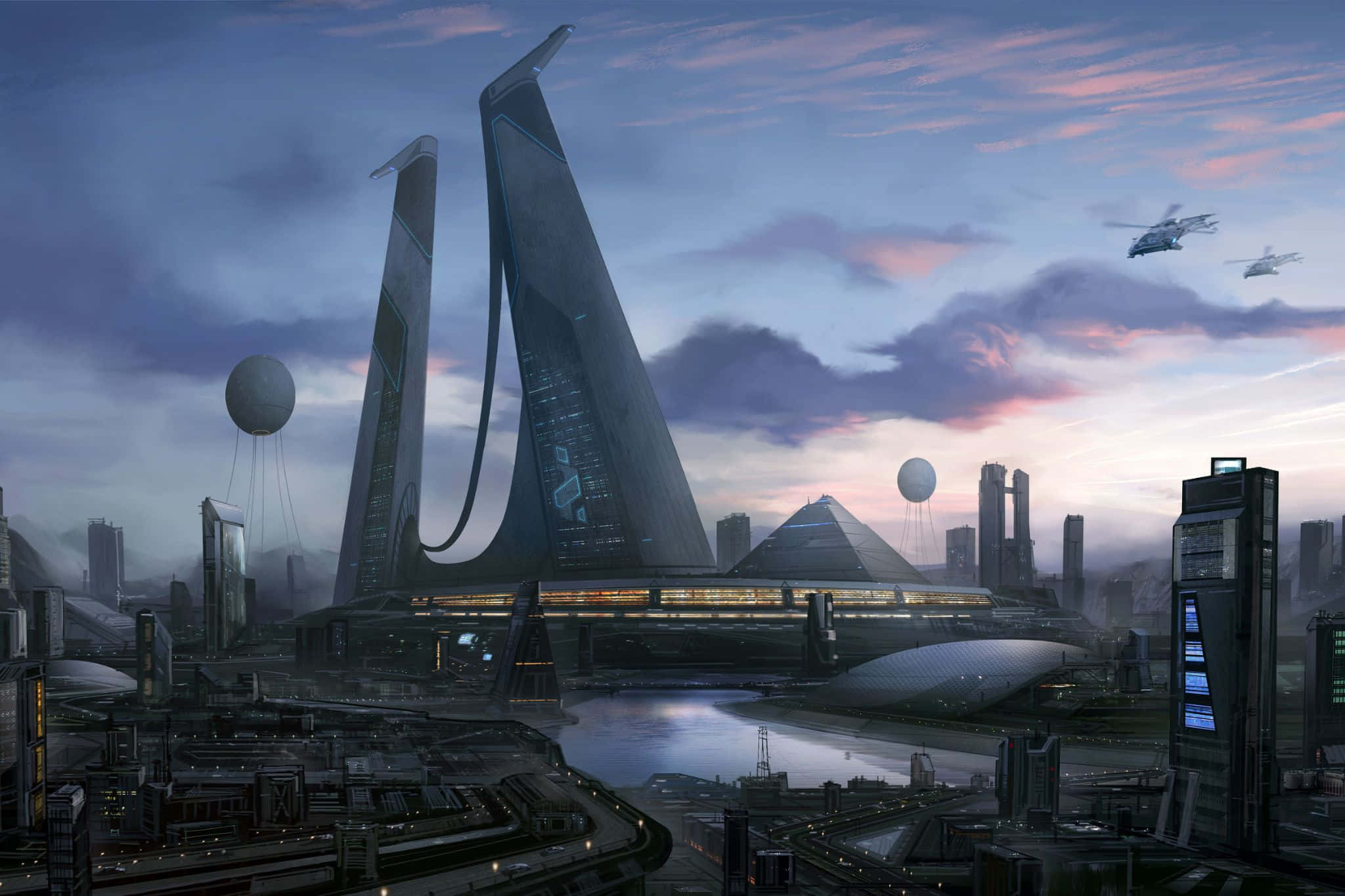 futuristic cityscape, dusk, towering spire buildings, Full HD Desktop Wallpaper