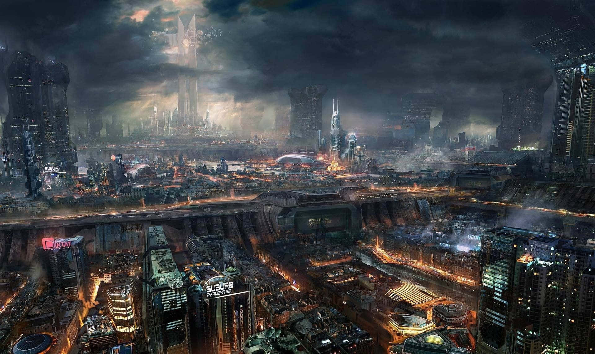 dystopian cityscape, futuristic metropolis, stormy skies, Full HD Desktop Wallpaper