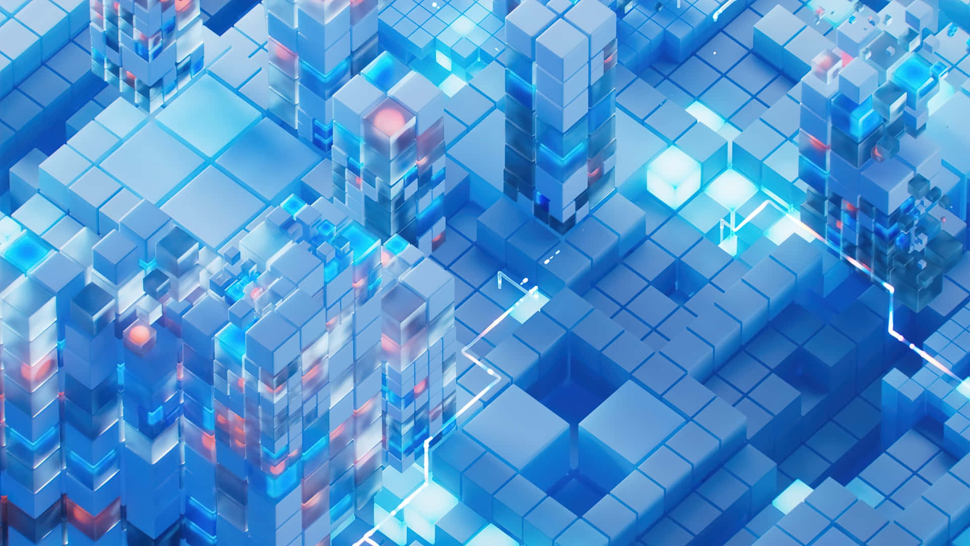 glowing blue cubes, red accents, white circuit lines, Full HD Desktop Wallpaper
