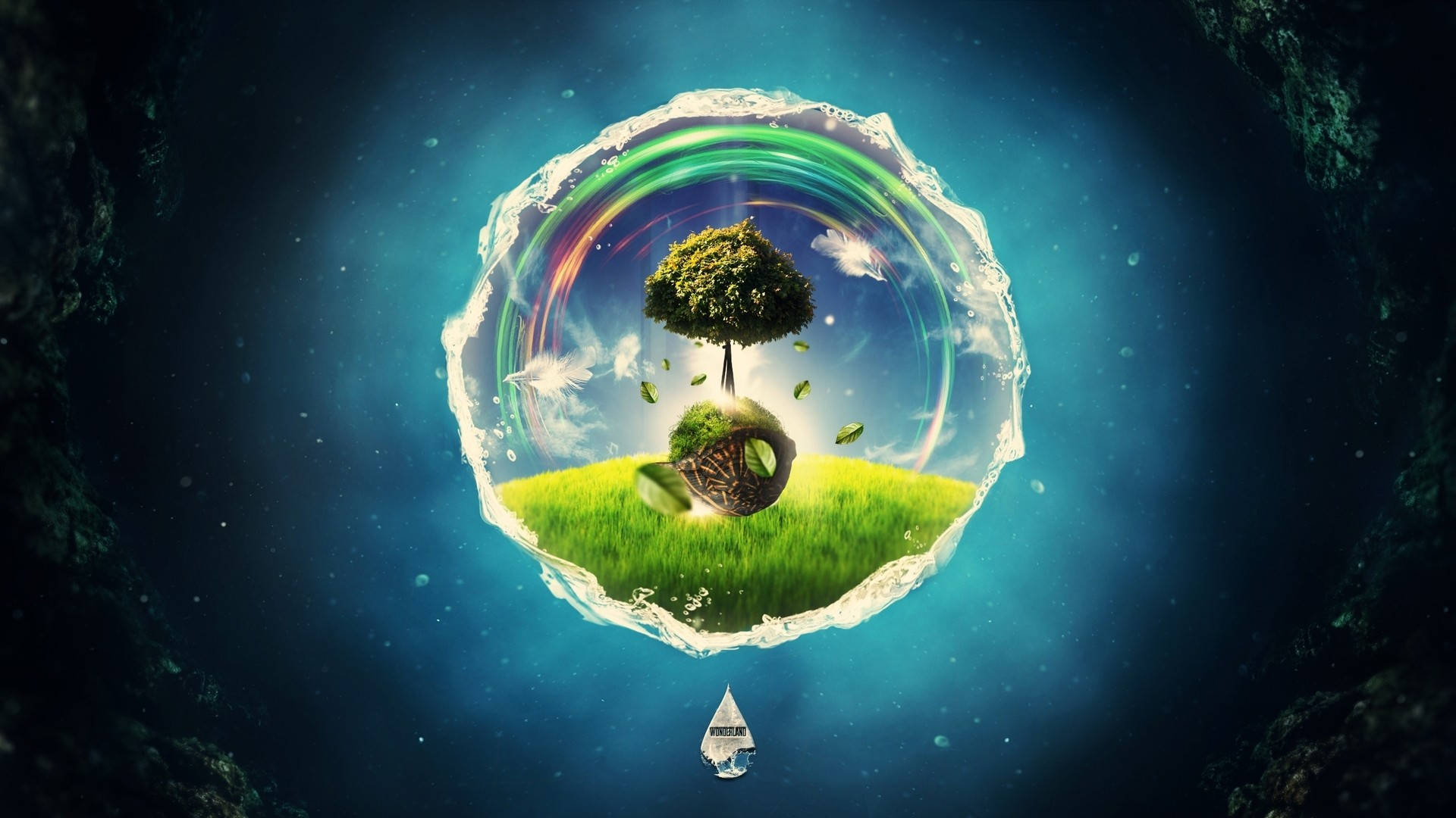 glowing glass sphere, vibrant green tree, grassy field, Full HD Desktop Wallpaper