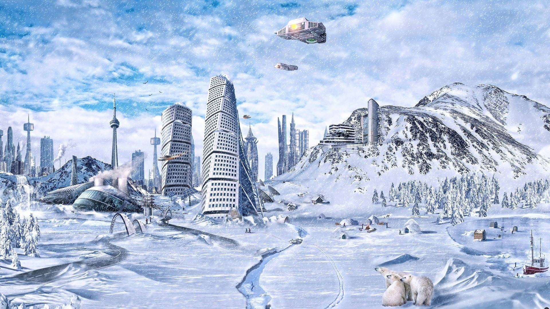 3d desktop, snowy city, futuristic snow-covered cityscape, Full HD Desktop Wallpaper