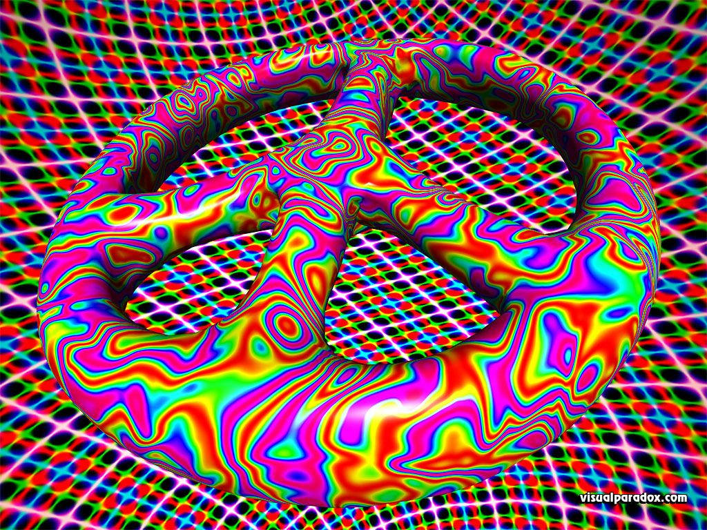 psychedelic 3D torus, swirling rainbow patterns, glowing grid background, SD Desktop Wallpaper