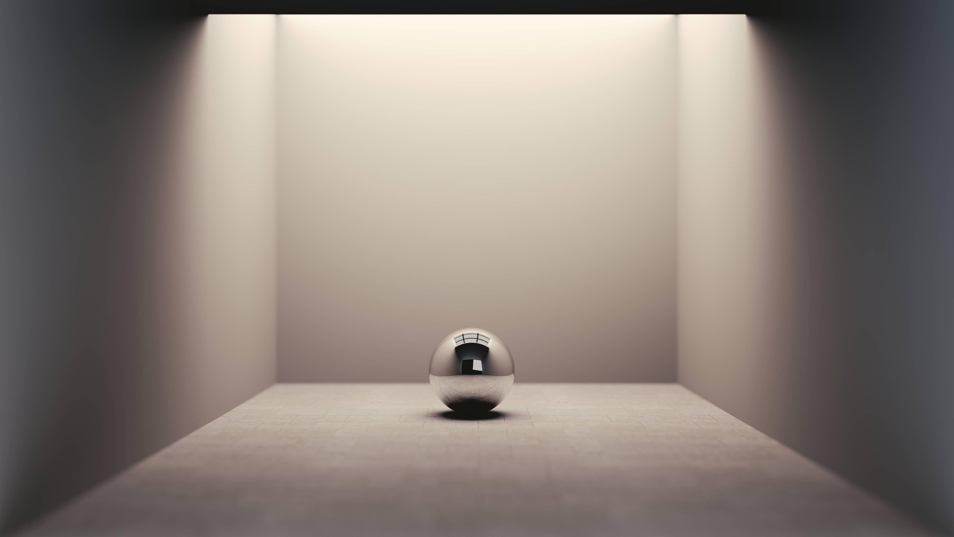 gray room, 3d desktop, reflective chrome sphere, 4K Desktop Wallpaper