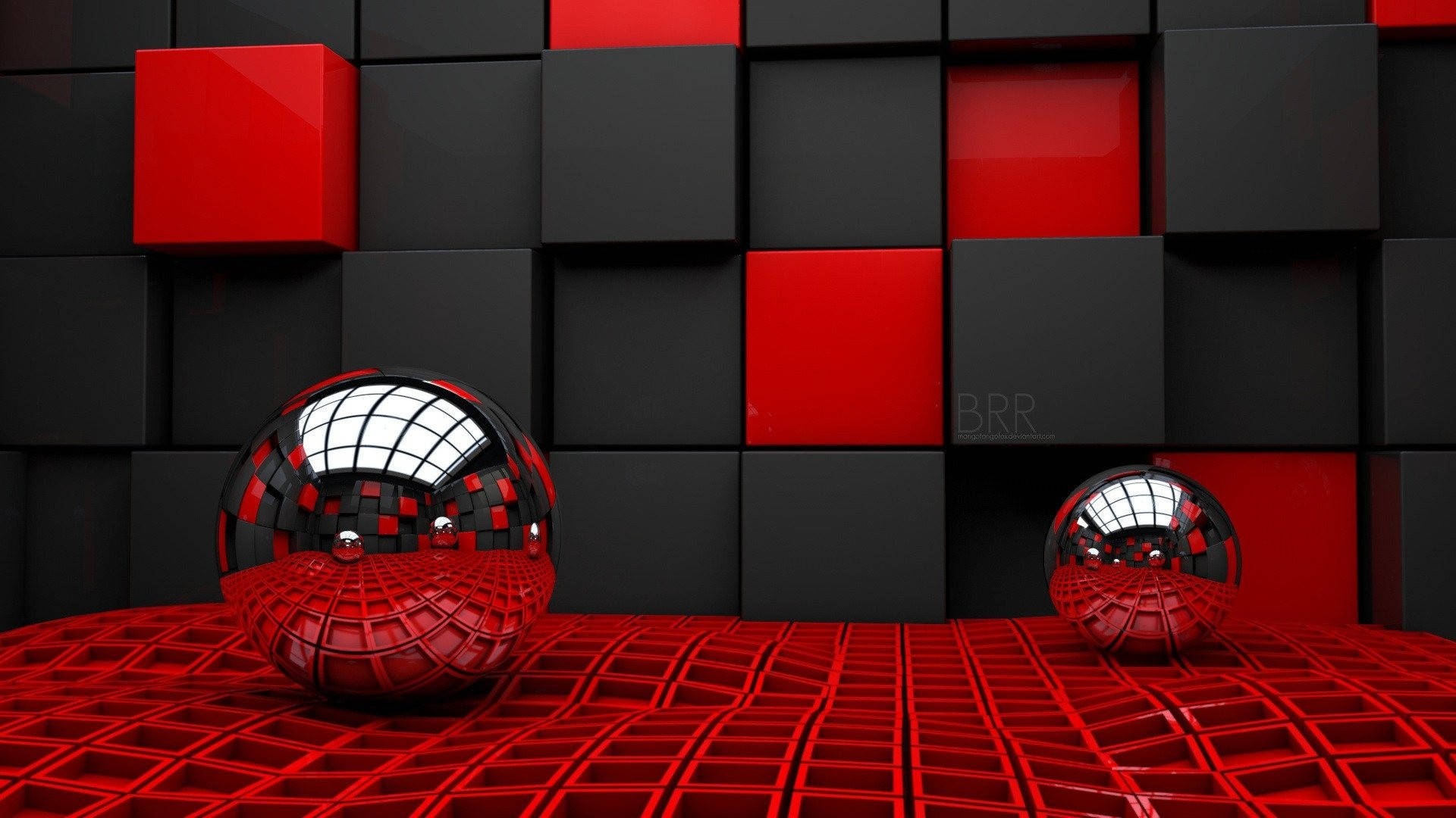 red black cube pattern, 3d desktop, reflective chrome spheres, Full HD Desktop Wallpaper
