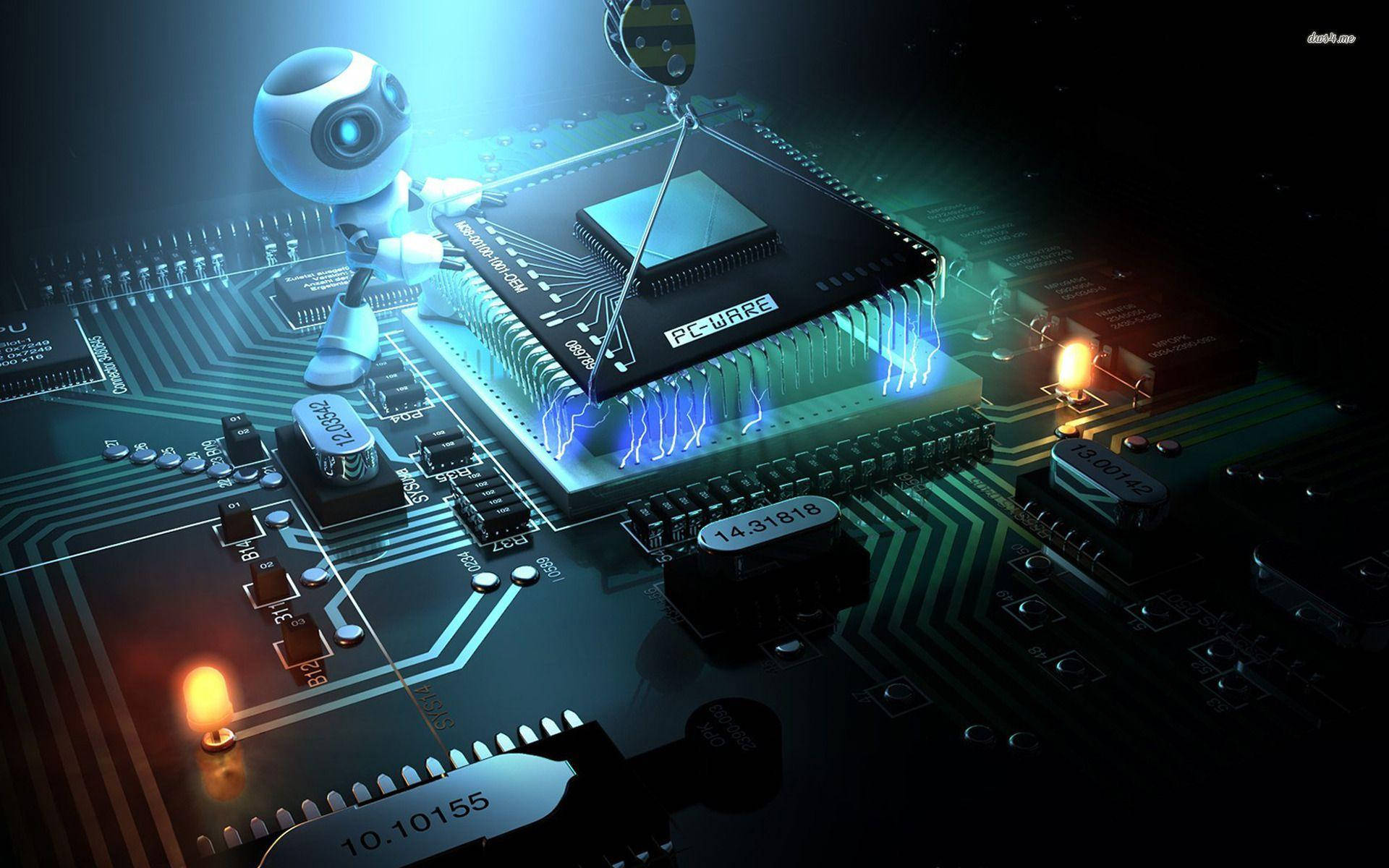 glowing blue robotic figure, detailed circuit board, central processor, Full HD Desktop Wallpaper