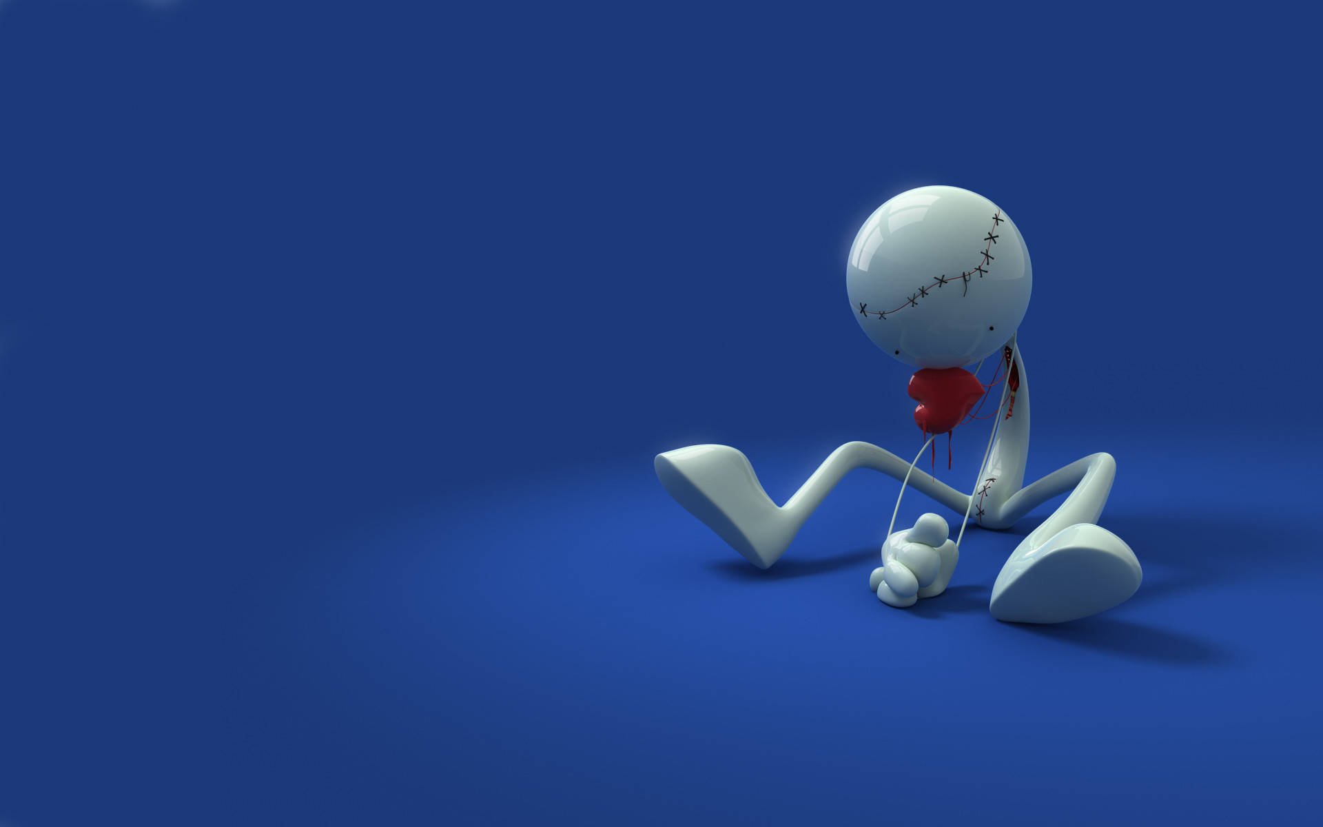 3d desktop robot character, white stitched cartoon figure, blue floor, Full HD Desktop Wallpaper