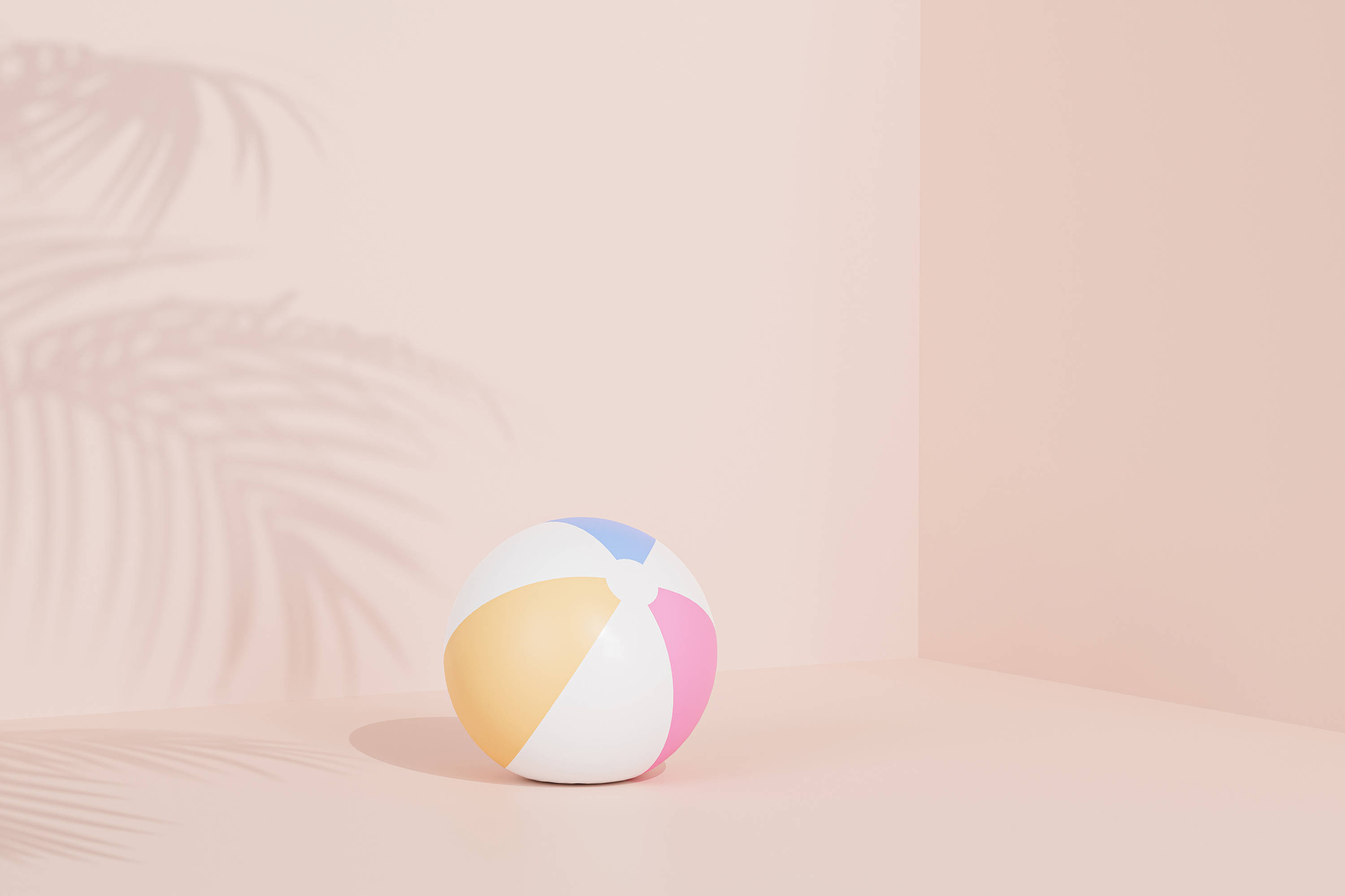 3d desktop, beach ball, palm leaf shadows, 2K Desktop Wallpaper
