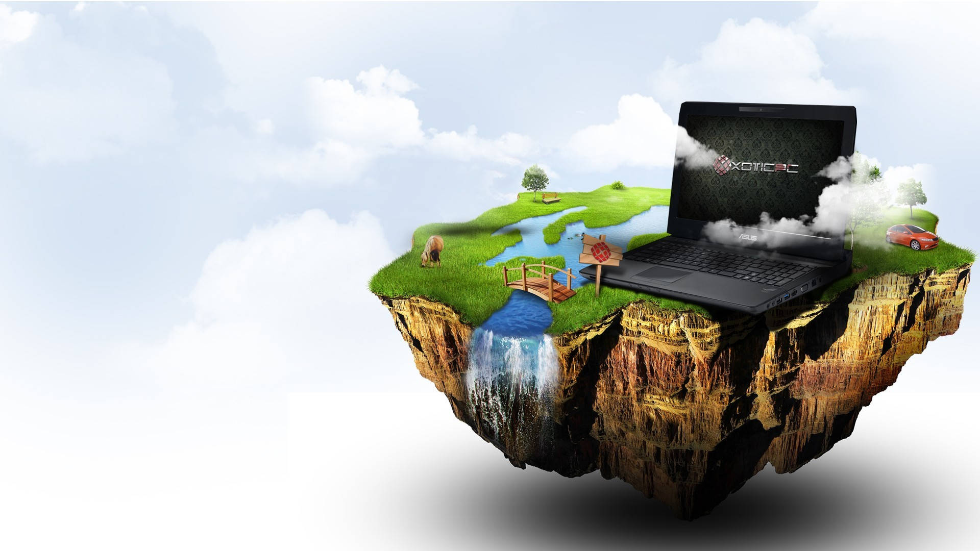 3d desktop community, floating island, laptop, Full HD Desktop Wallpaper
