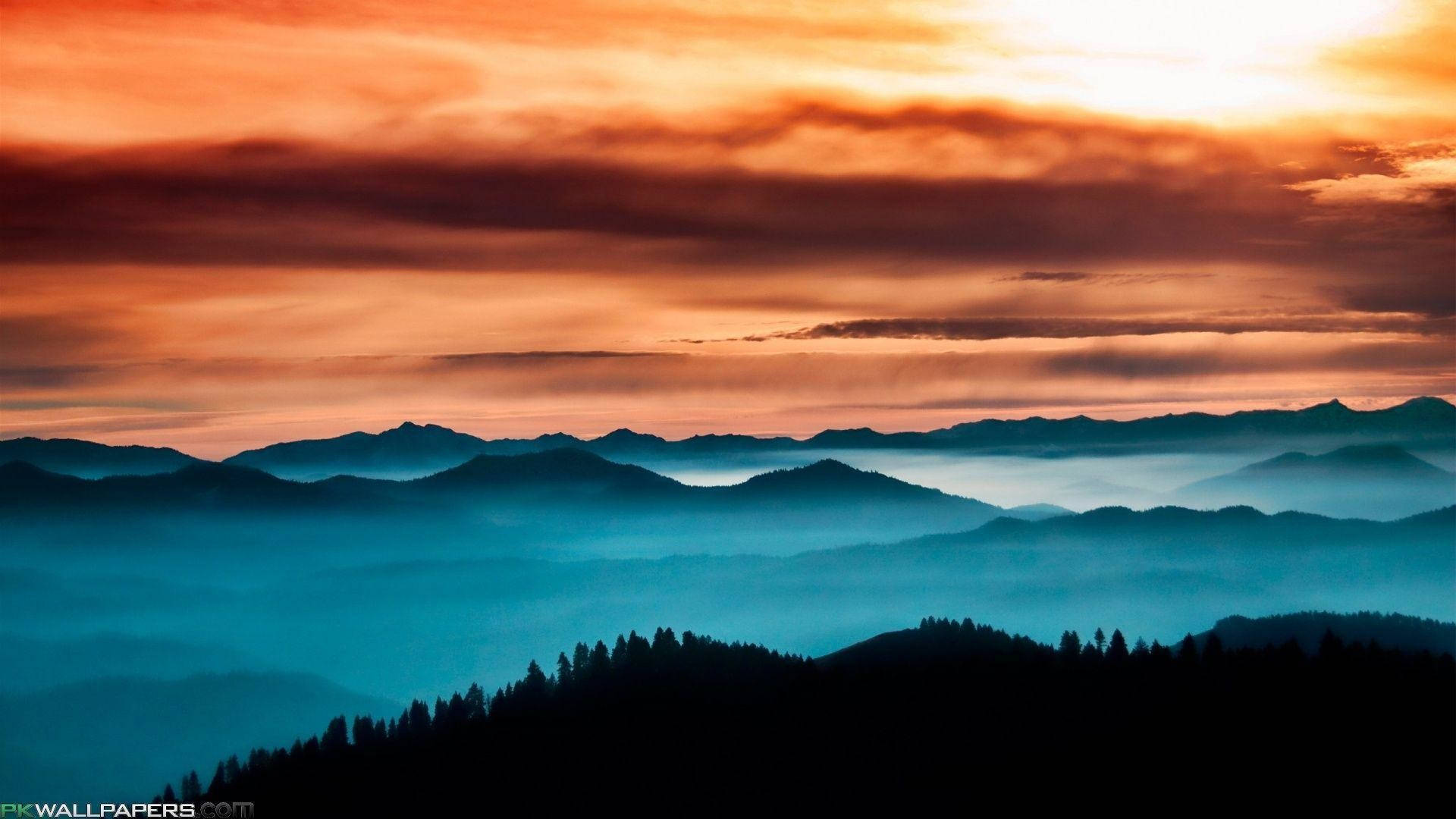 3d desktop, orange sky, mountains, Full HD Desktop Wallpaper