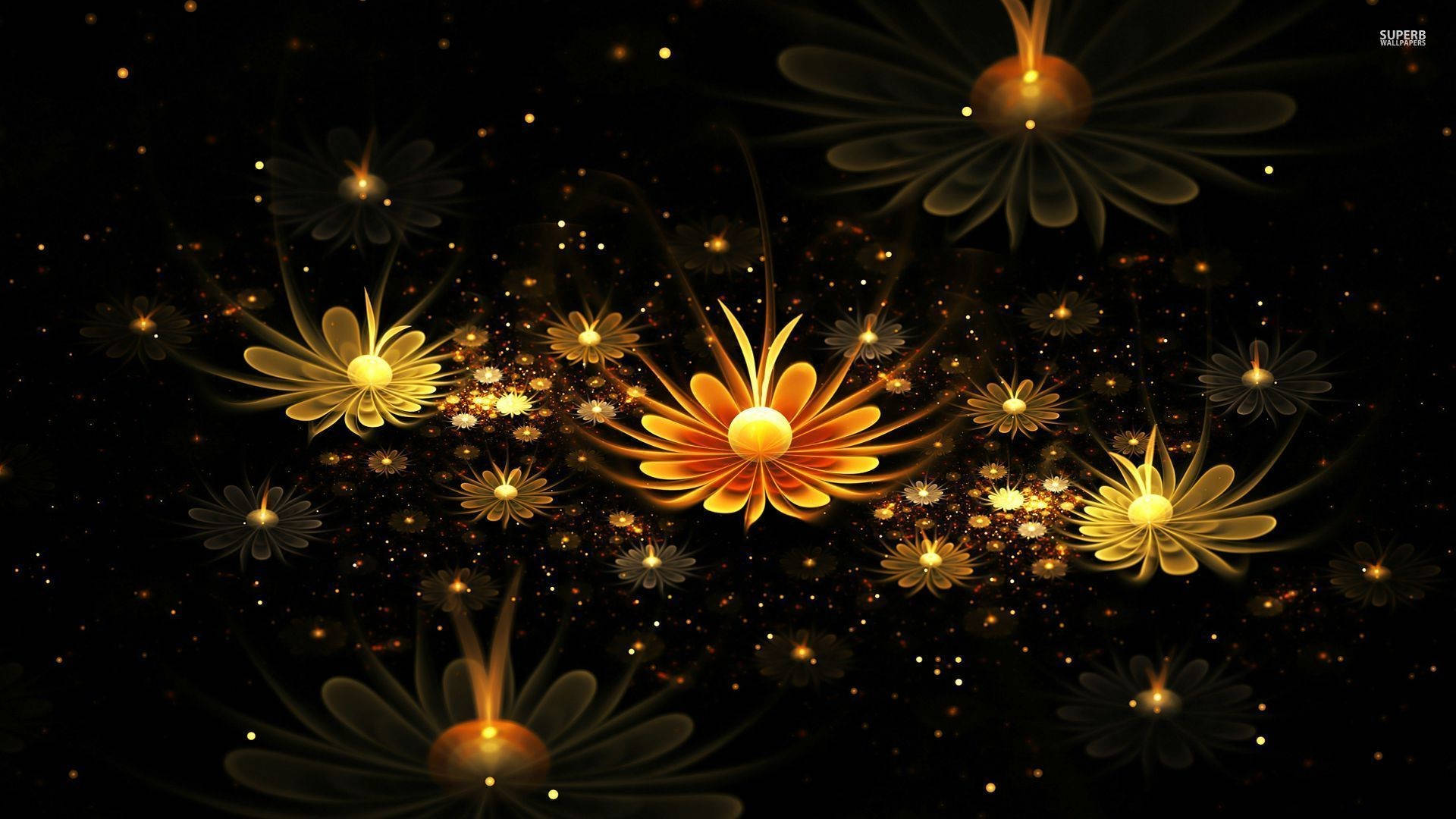3d desktop, glowing yellow daisies, golden fractal flowers, Full HD Desktop Wallpaper