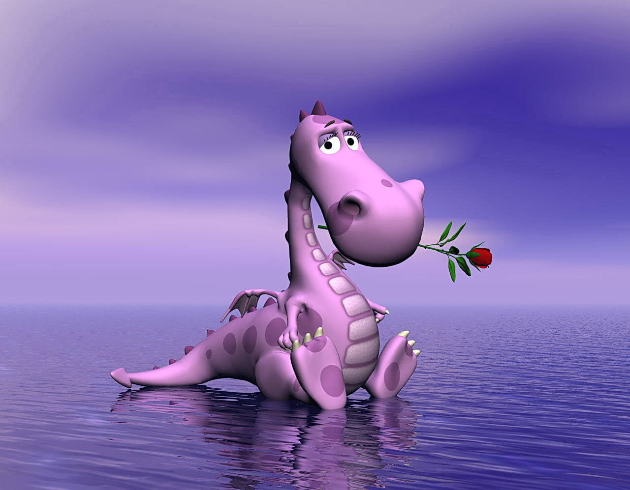 cute 3d dragon, purple cartoon dragon, red rose, HD Desktop Wallpaper