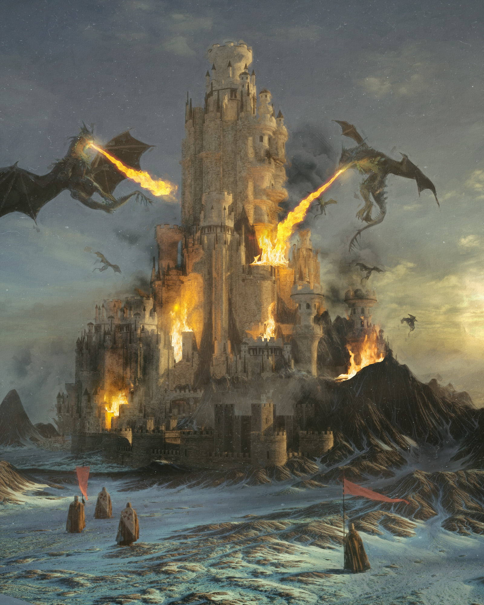 3d illustration of dragon chaos, majestic castle, dragons, Full HD Phone Wallpaper
