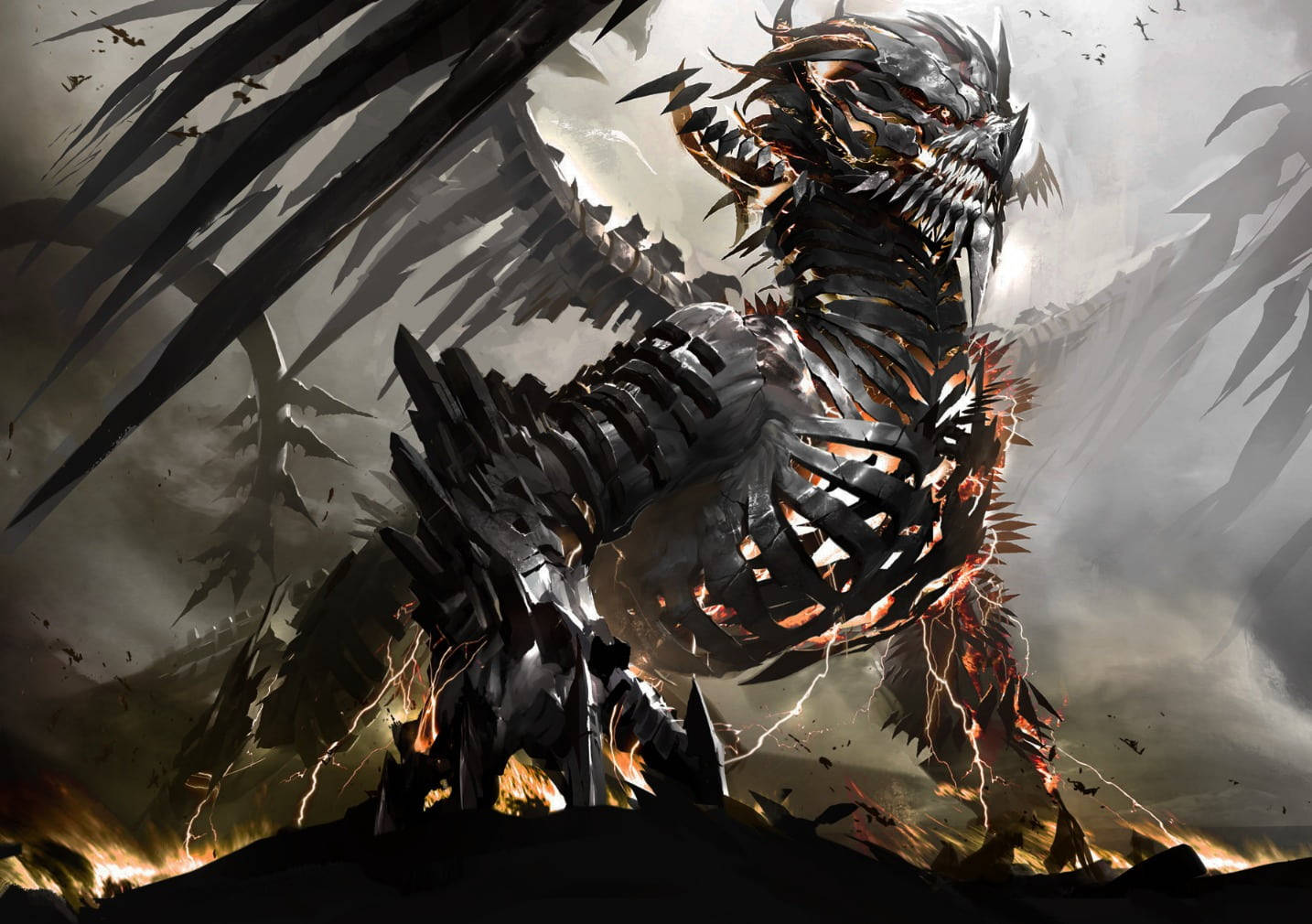 3d metal dragon, gloomy day, glowing red eyes, HD Desktop Wallpaper
