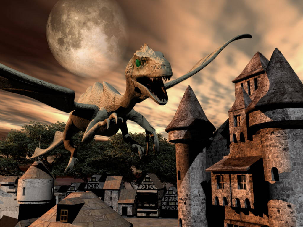 3d dragon, medieval village, glowing moon, SD Desktop Wallpaper