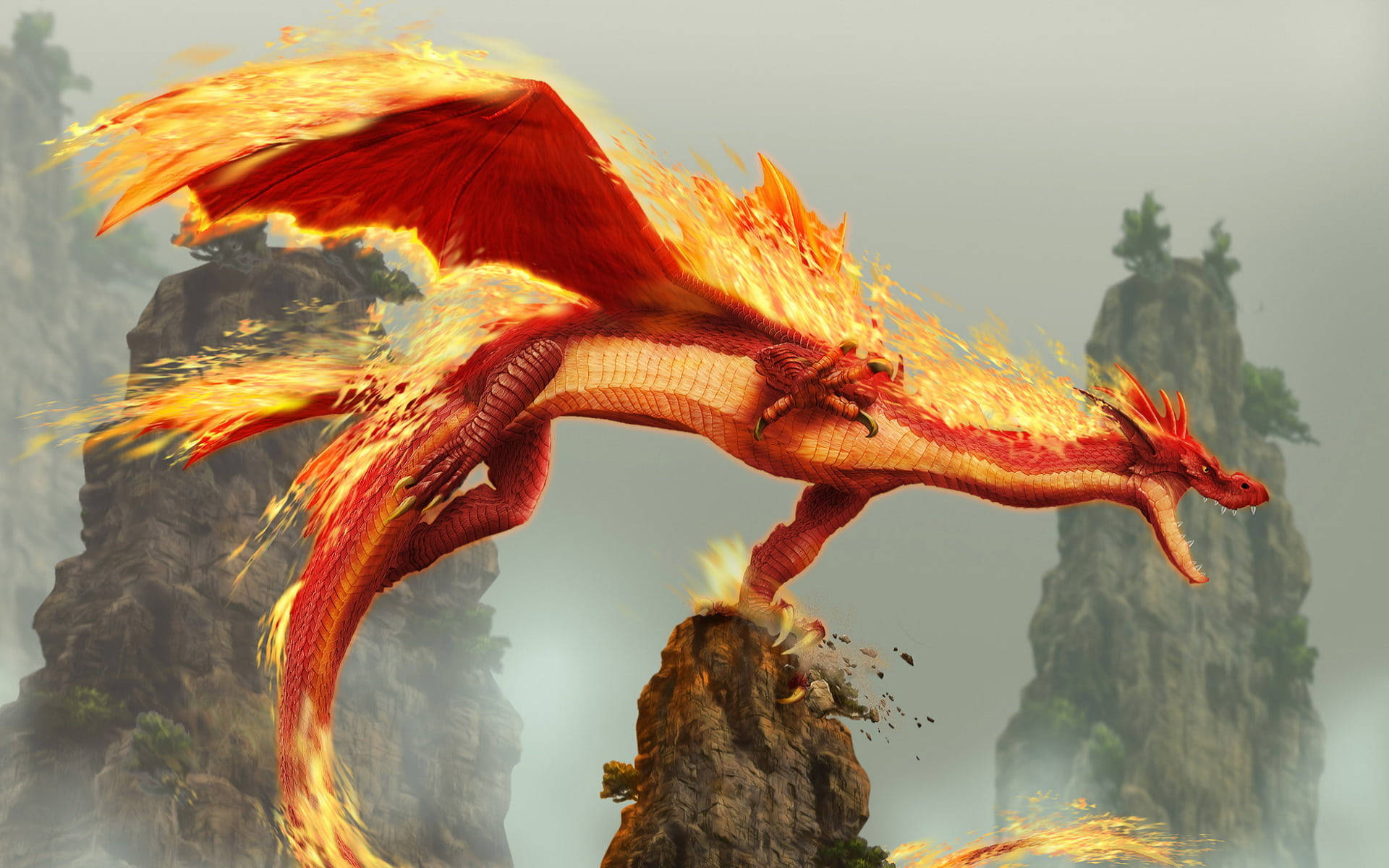 3d photo, red burning dragon, glowing wings, Full HD Desktop Wallpaper