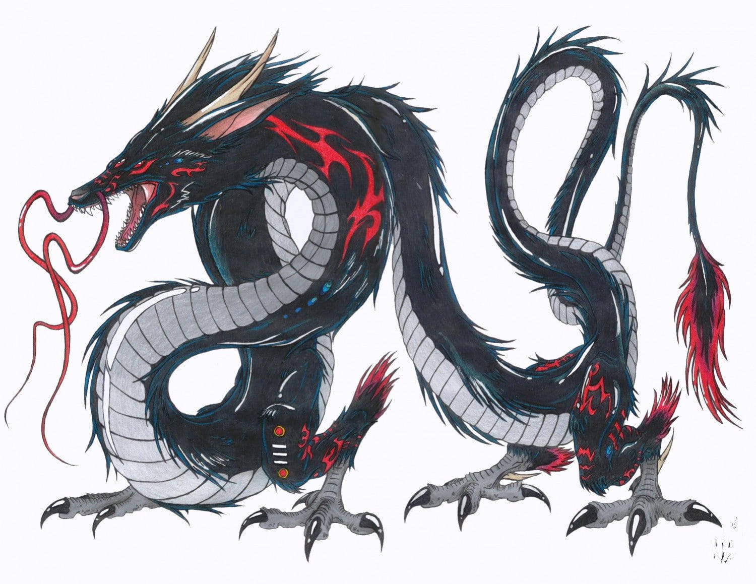 3d red and black dragon illustration, black dragon, red flame patterns, HD Desktop Wallpaper