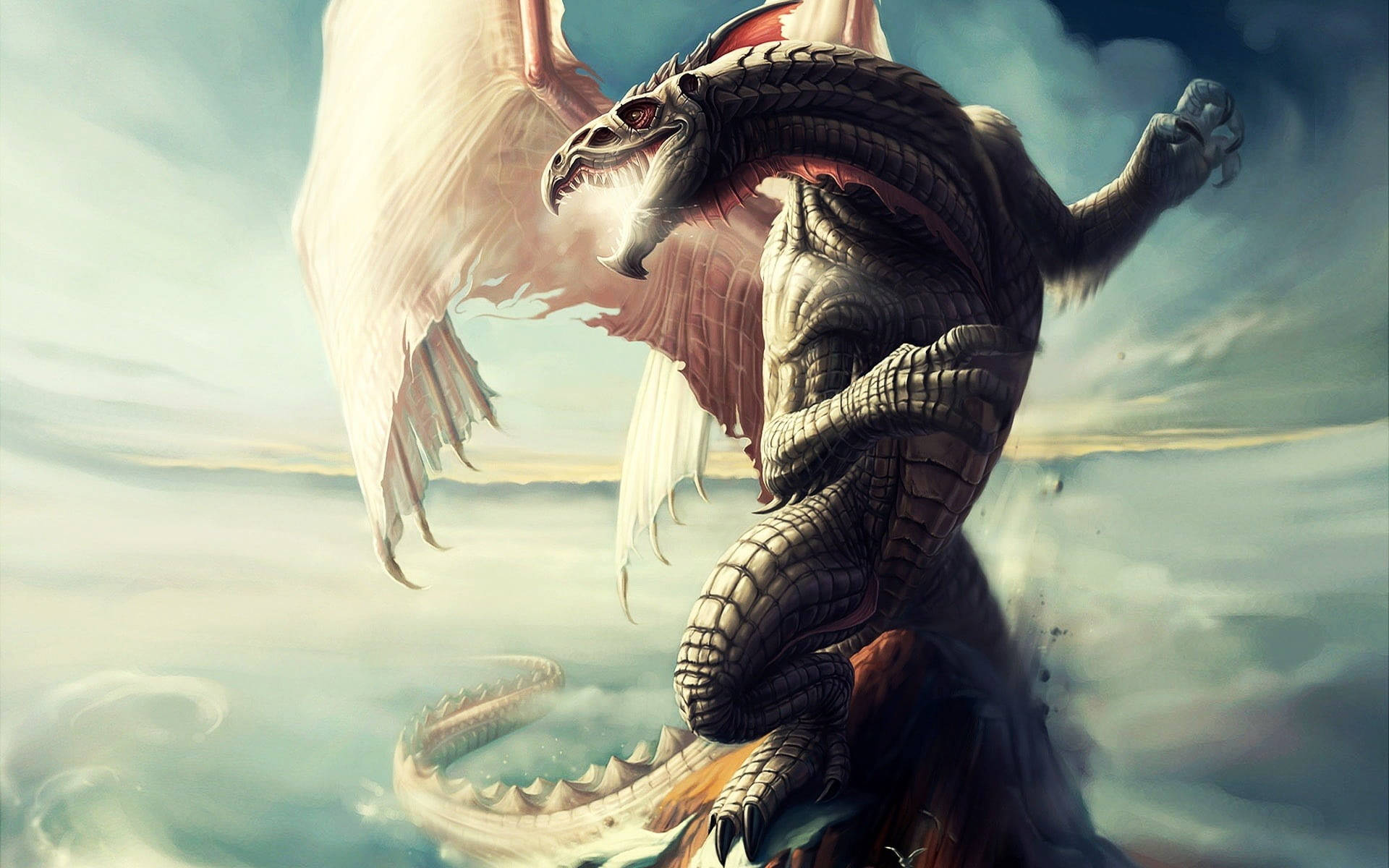 3d cloud dragon, white wings, glowing red eyes, Full HD Desktop Wallpaper