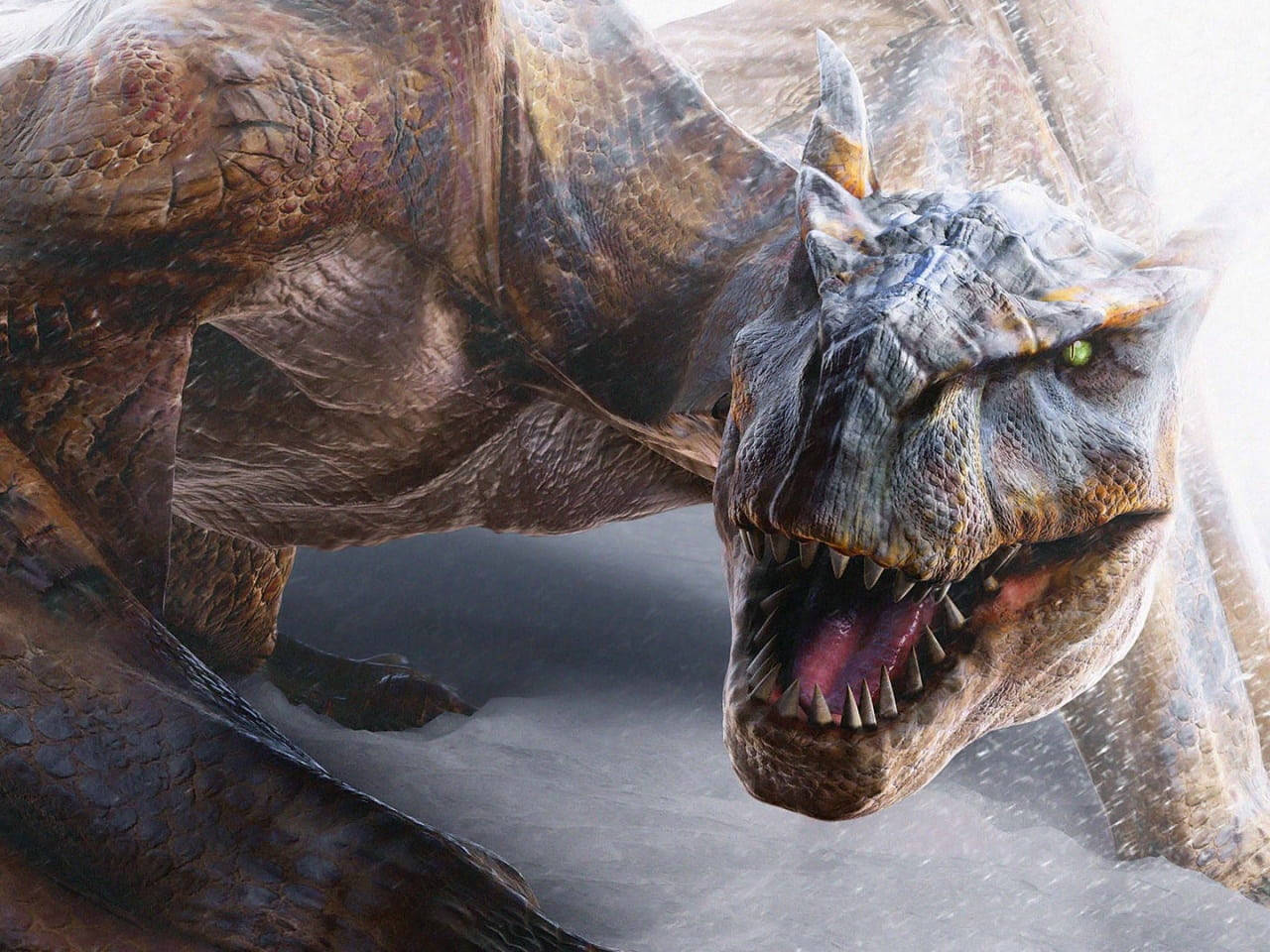 3d monster dragon, textured brown scales, glowing green eyes, HD Desktop Wallpaper