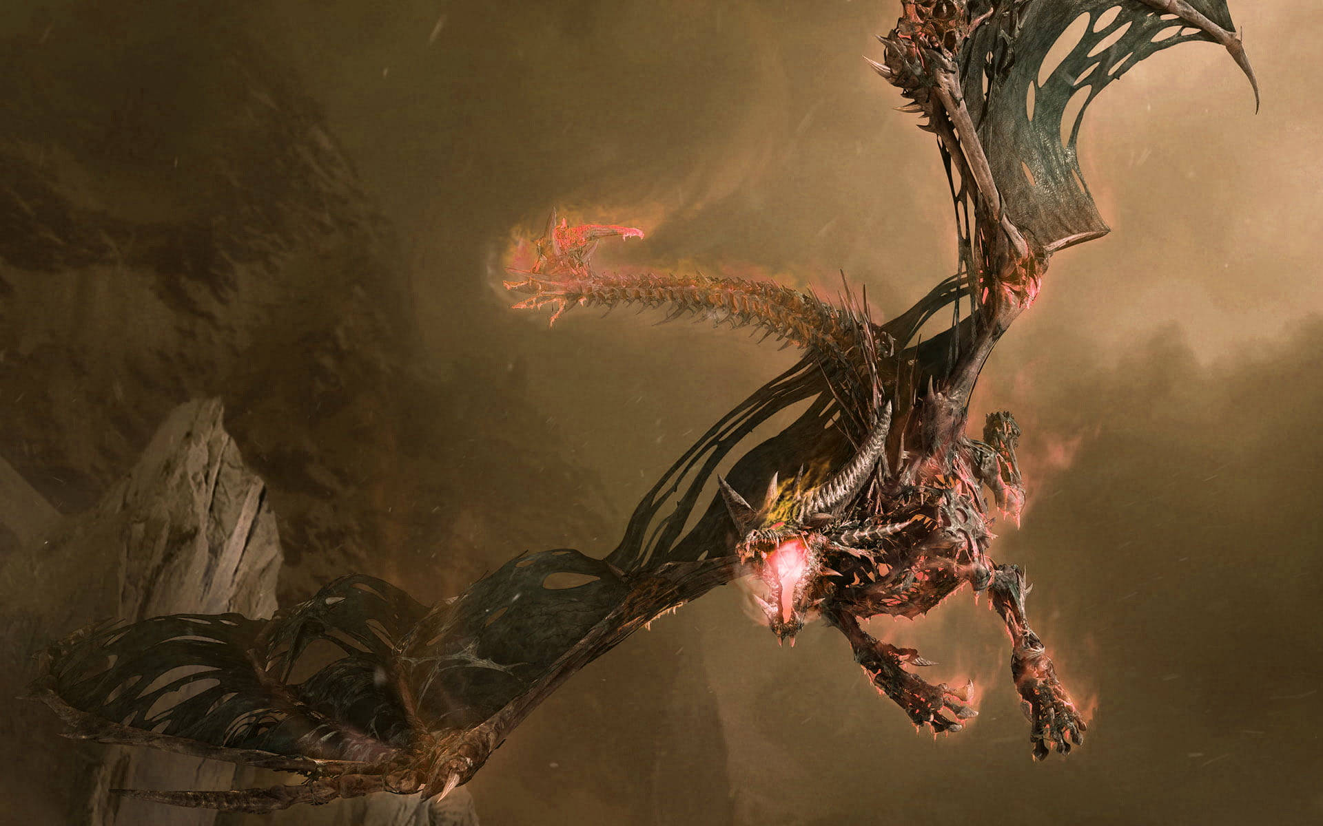3d illustration, decaying dragon, glowing red eyes, Full HD Desktop Wallpaper
