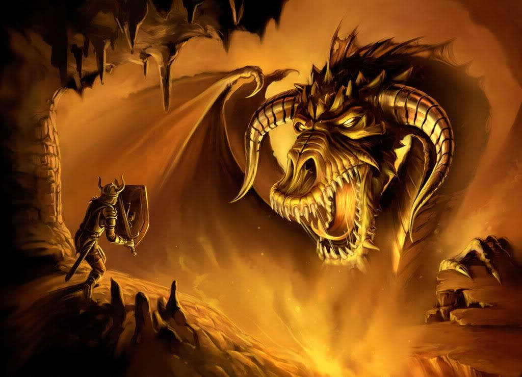 dragon slayer, armored knight, massive roaring dragon, SD Desktop Wallpaper
