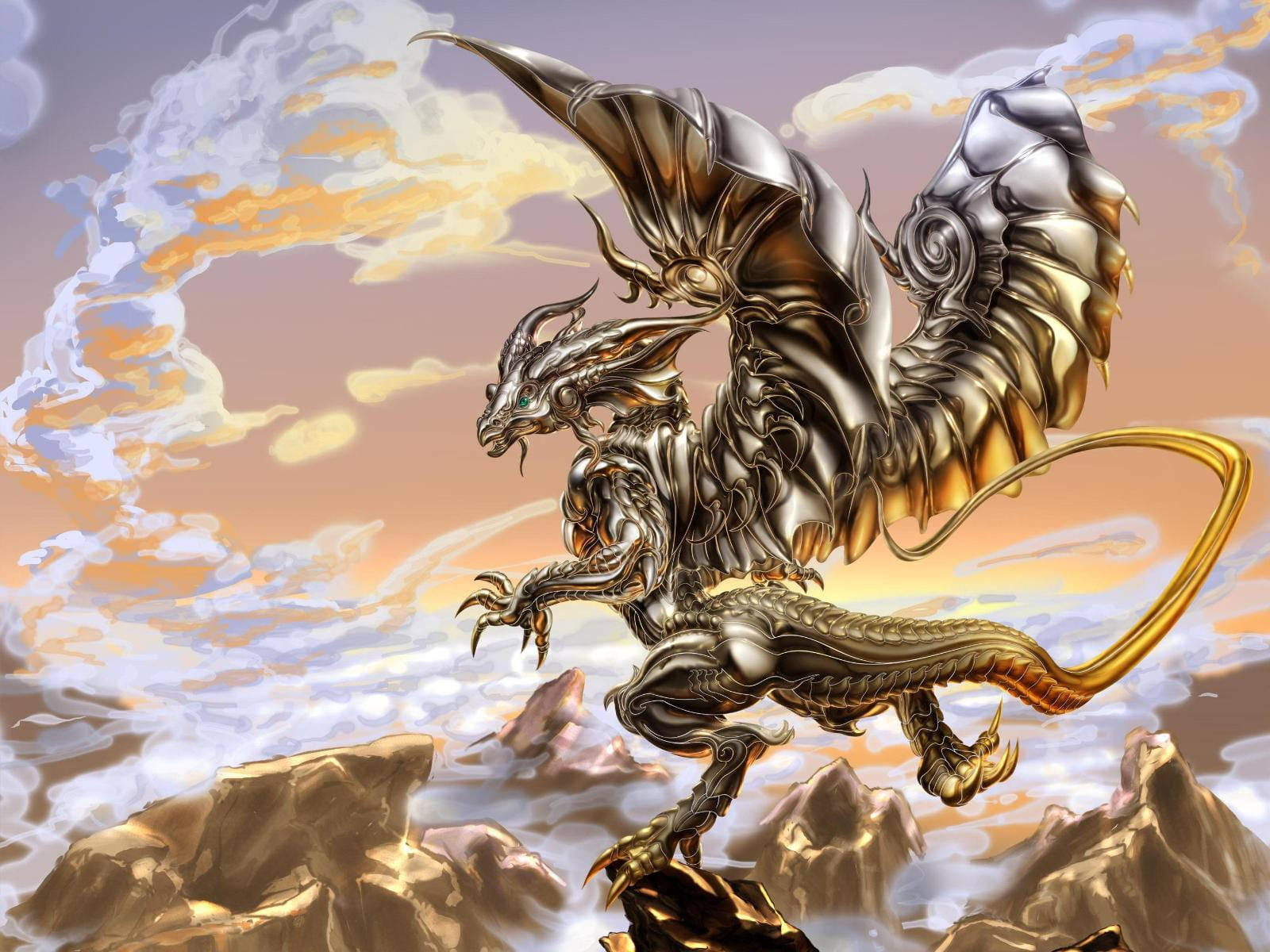 3d silver metal dragon, gold and silver scales, rocky peaks, HD Desktop Wallpaper