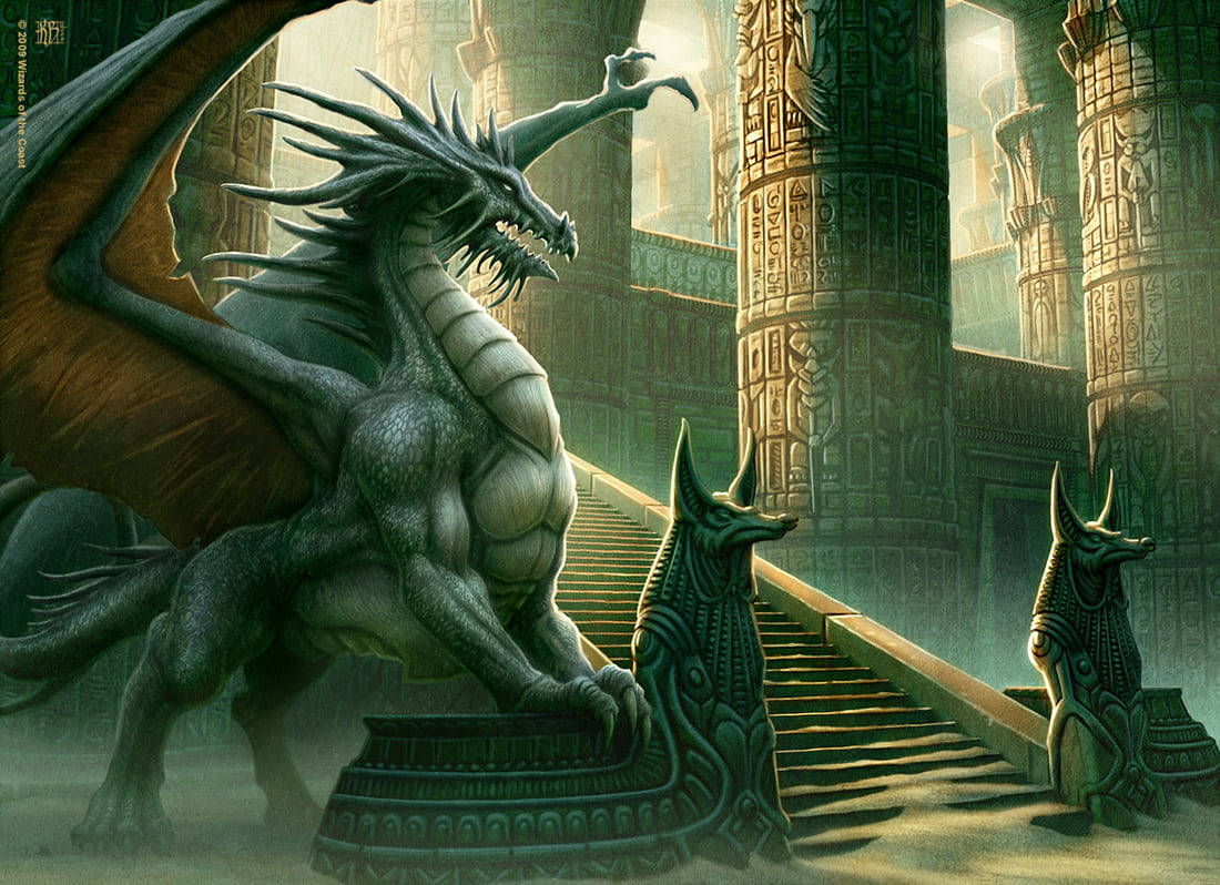 3d dragon, steps of the palace, massive green dragon, SD Desktop Wallpaper