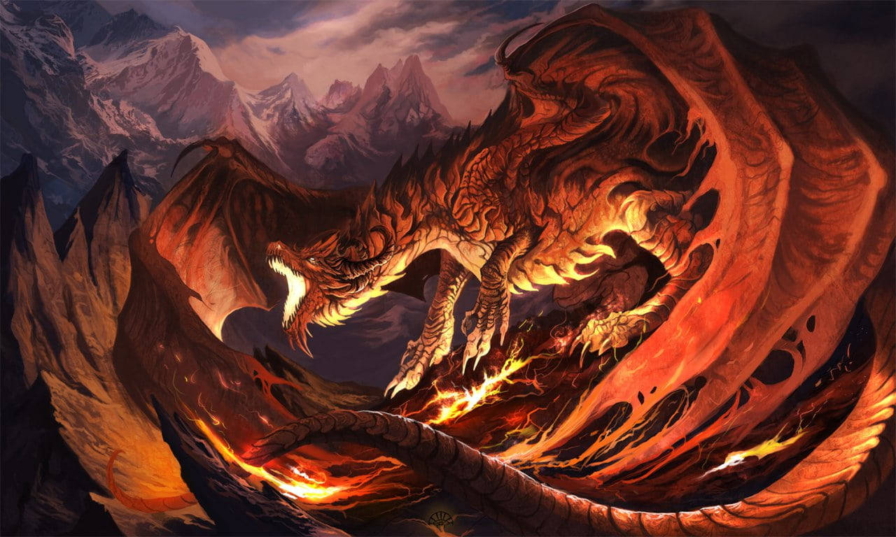 3d fiery dragon illustration, colossal fiery dragon, glowing wings, HD Desktop Wallpaper