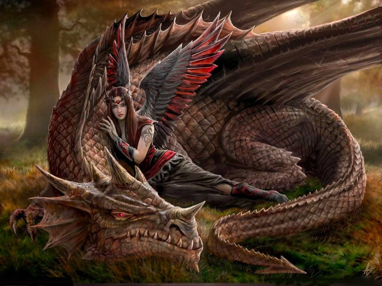 dragon rider, woman with red-tipped wings, massive brown dragon, HD Desktop Wallpaper