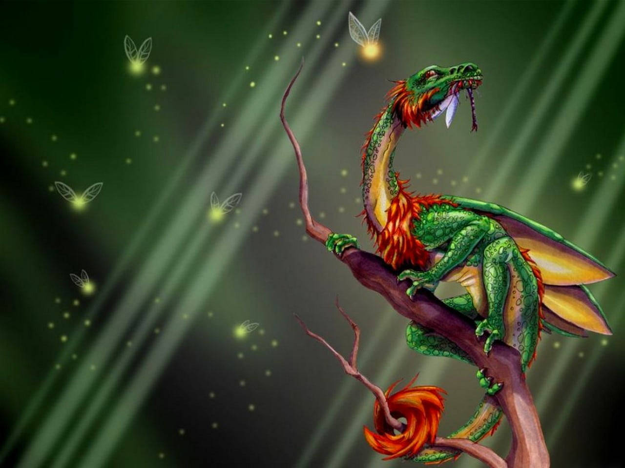 3d green mystical dragon, vibrant green, fiery orange accents, HD Desktop Wallpaper
